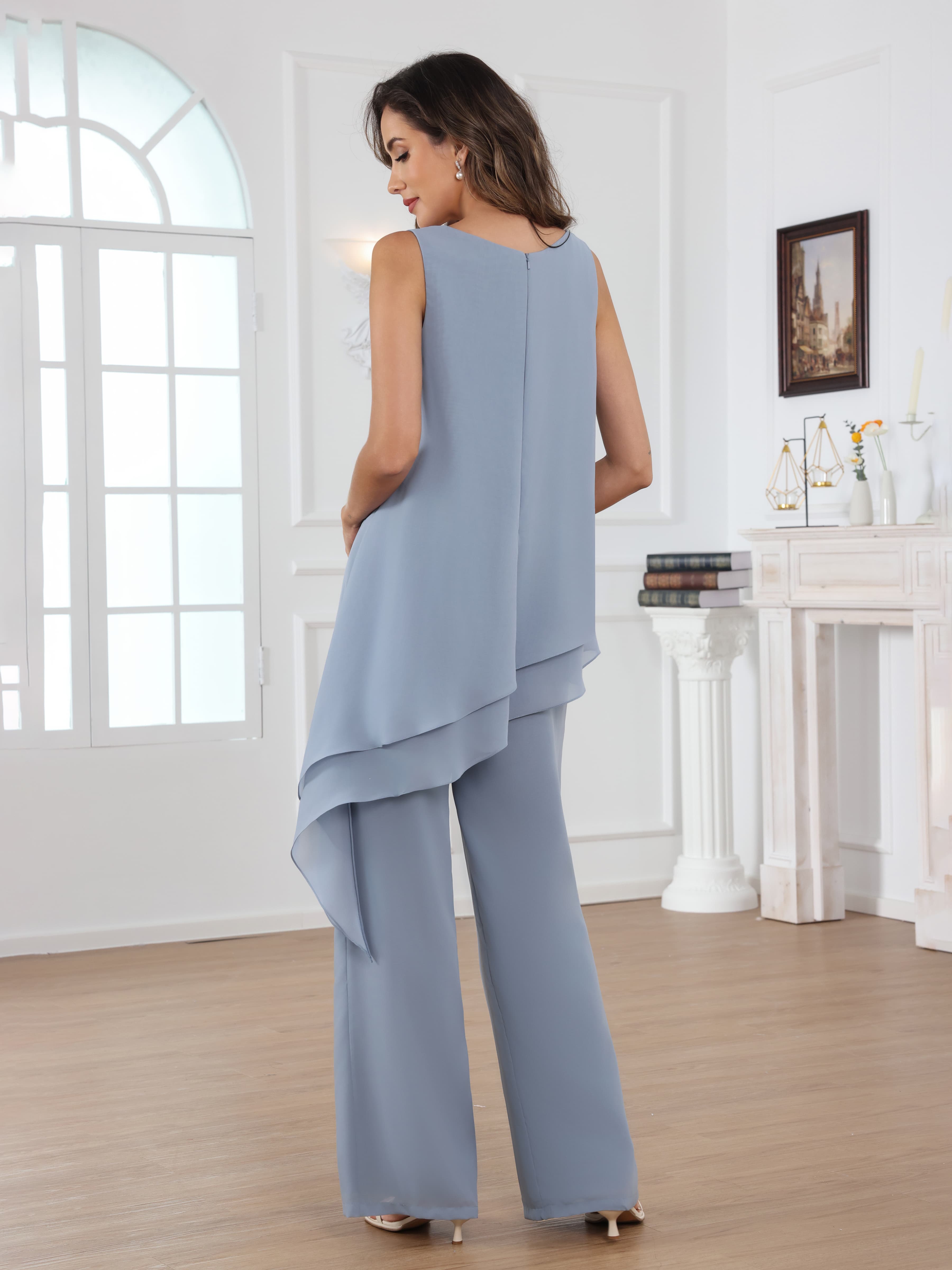Mraelithara Trendy 3-Piece Scoop Chiffon Mother of the Bride Pantsuit with Jacket