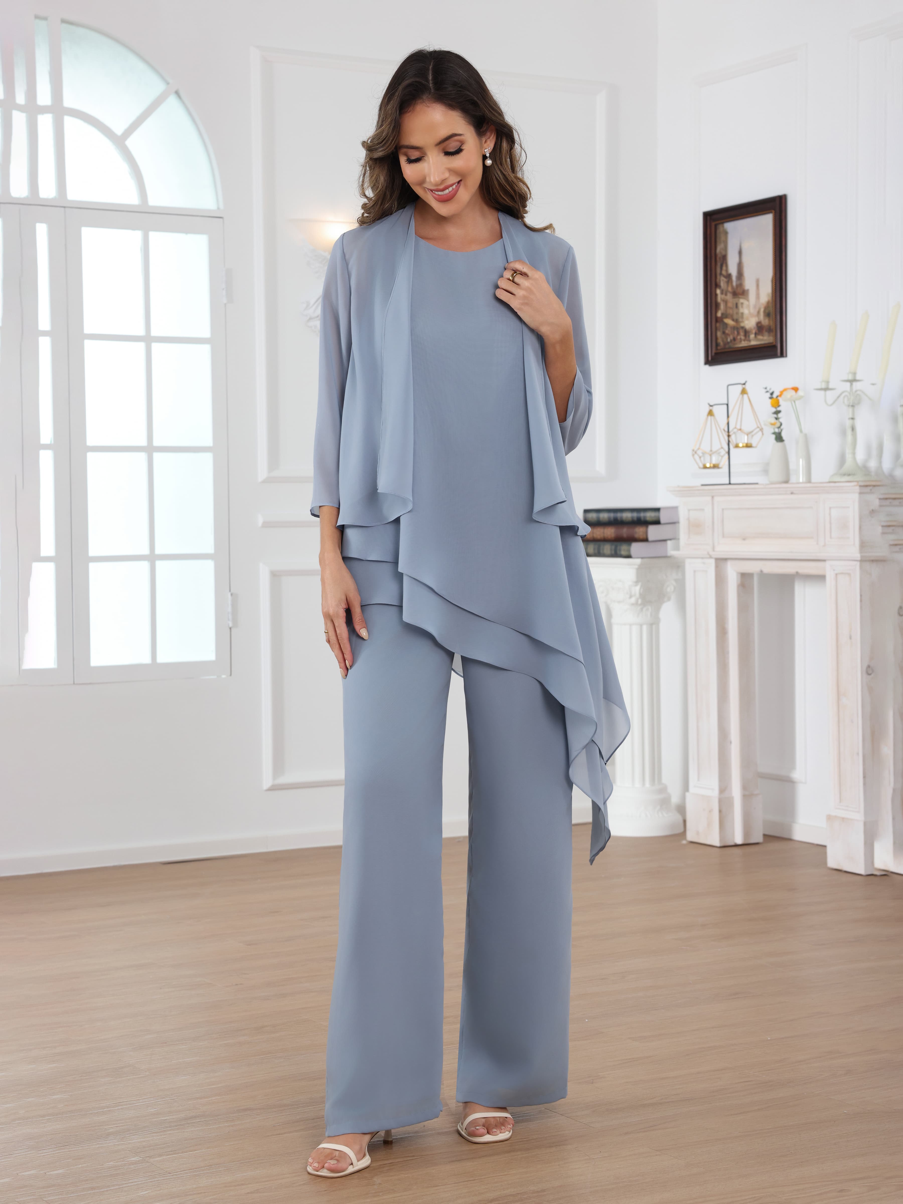 Mraelithara Trendy 3-Piece Scoop Chiffon Mother of the Bride Pantsuit with Jacket