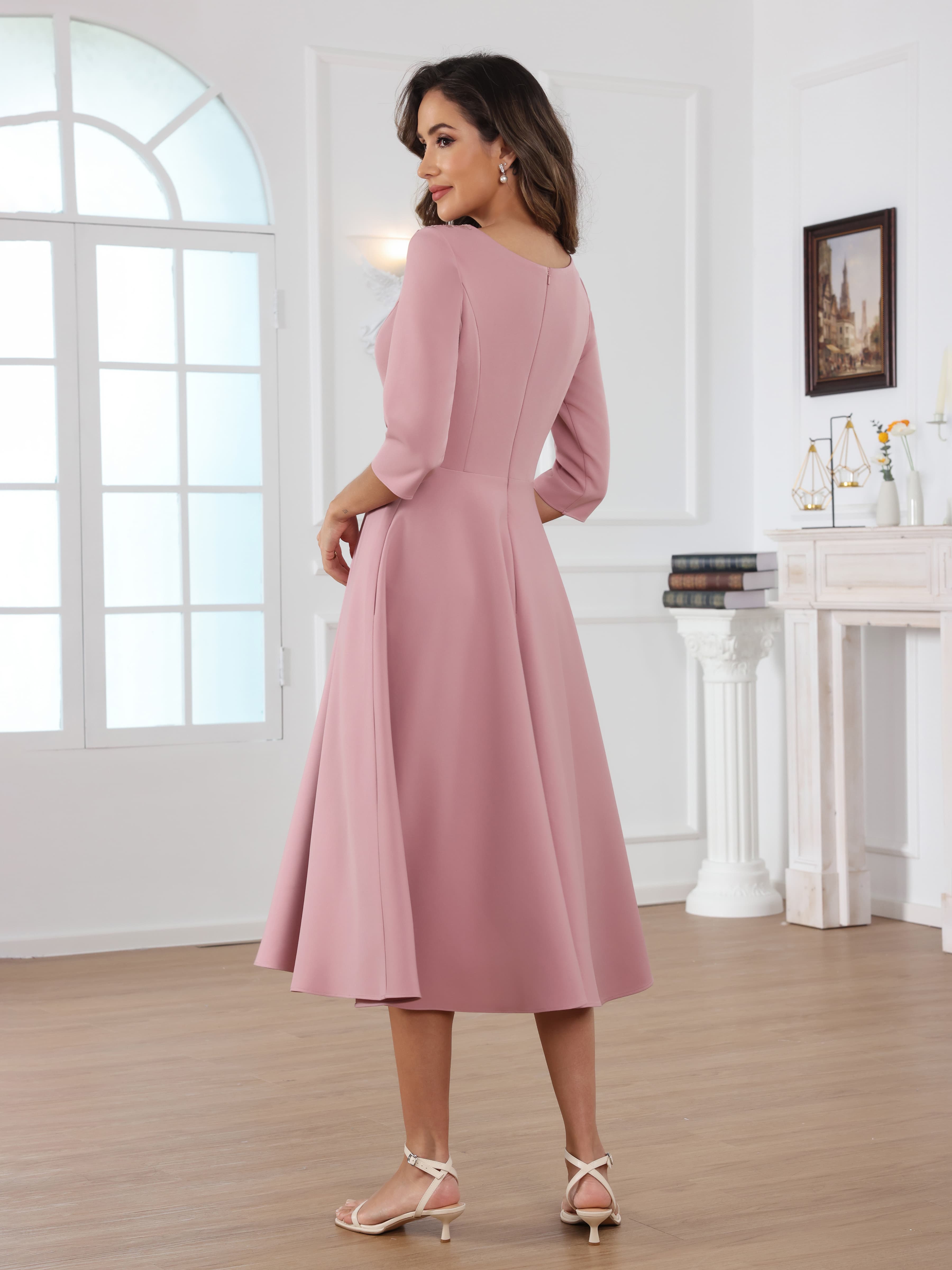 Naelithara Romantic Scoop A-Line Appliques Tea Length Satin Mother of the Bride Dresses