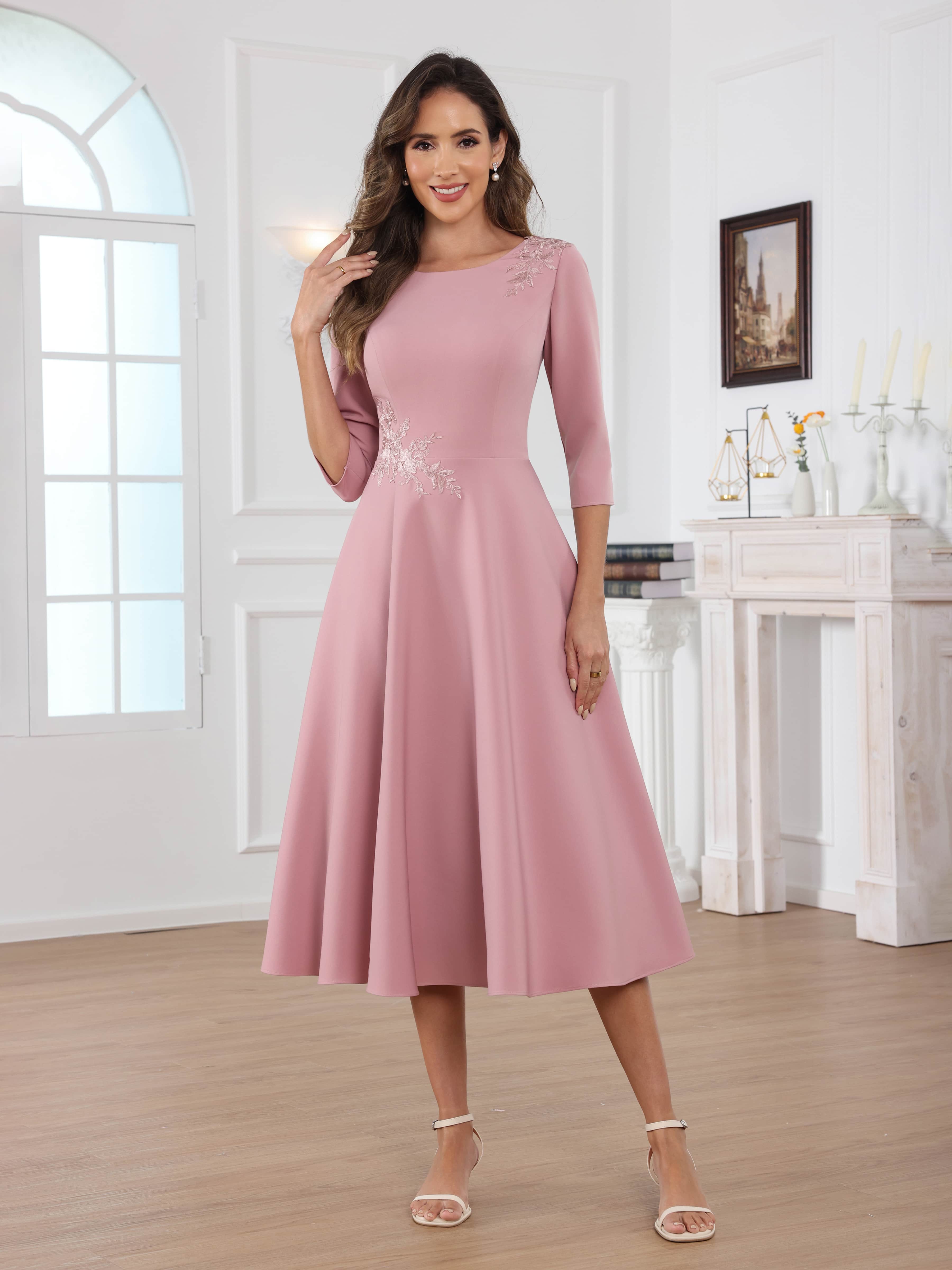 Naelithara Romantic Scoop A-Line Appliques Tea Length Satin Mother of the Bride Dresses