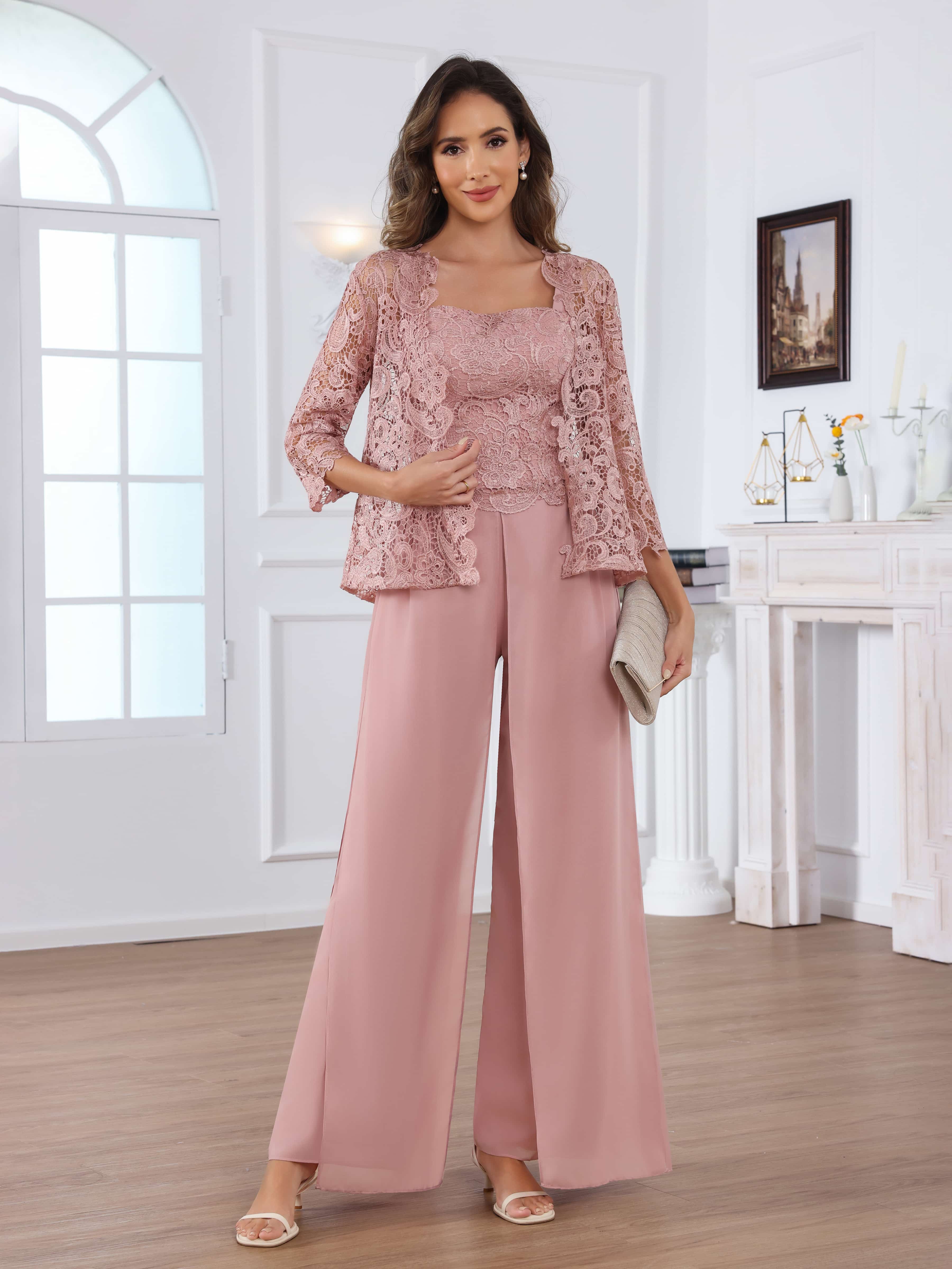 Praelithara Tailored Three Pieces Lace Sequins Chiffon Mother of the Bride Pantsuit