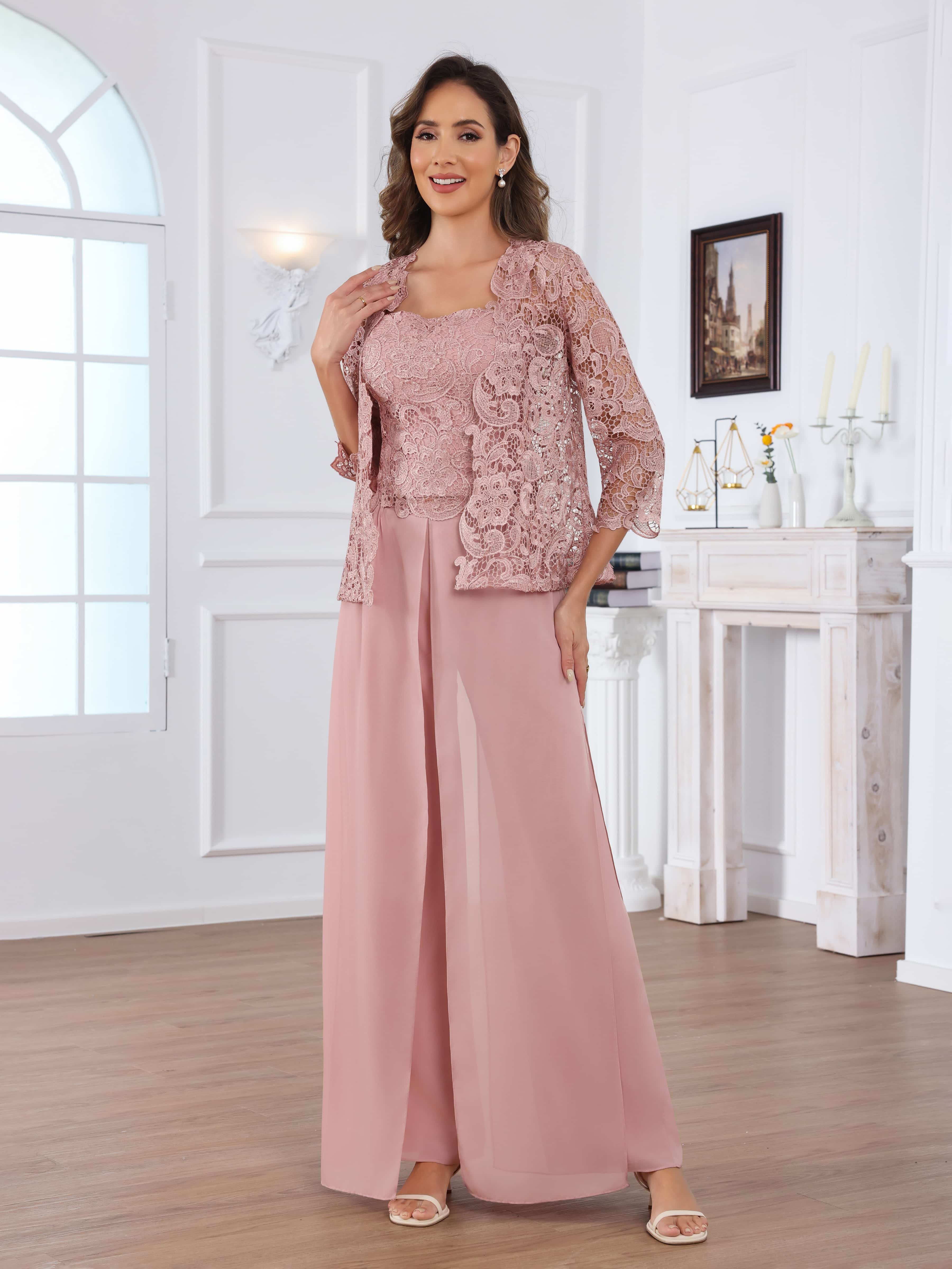 Praelithara Tailored Three Pieces Lace Sequins Chiffon Mother of the Bride Pantsuit