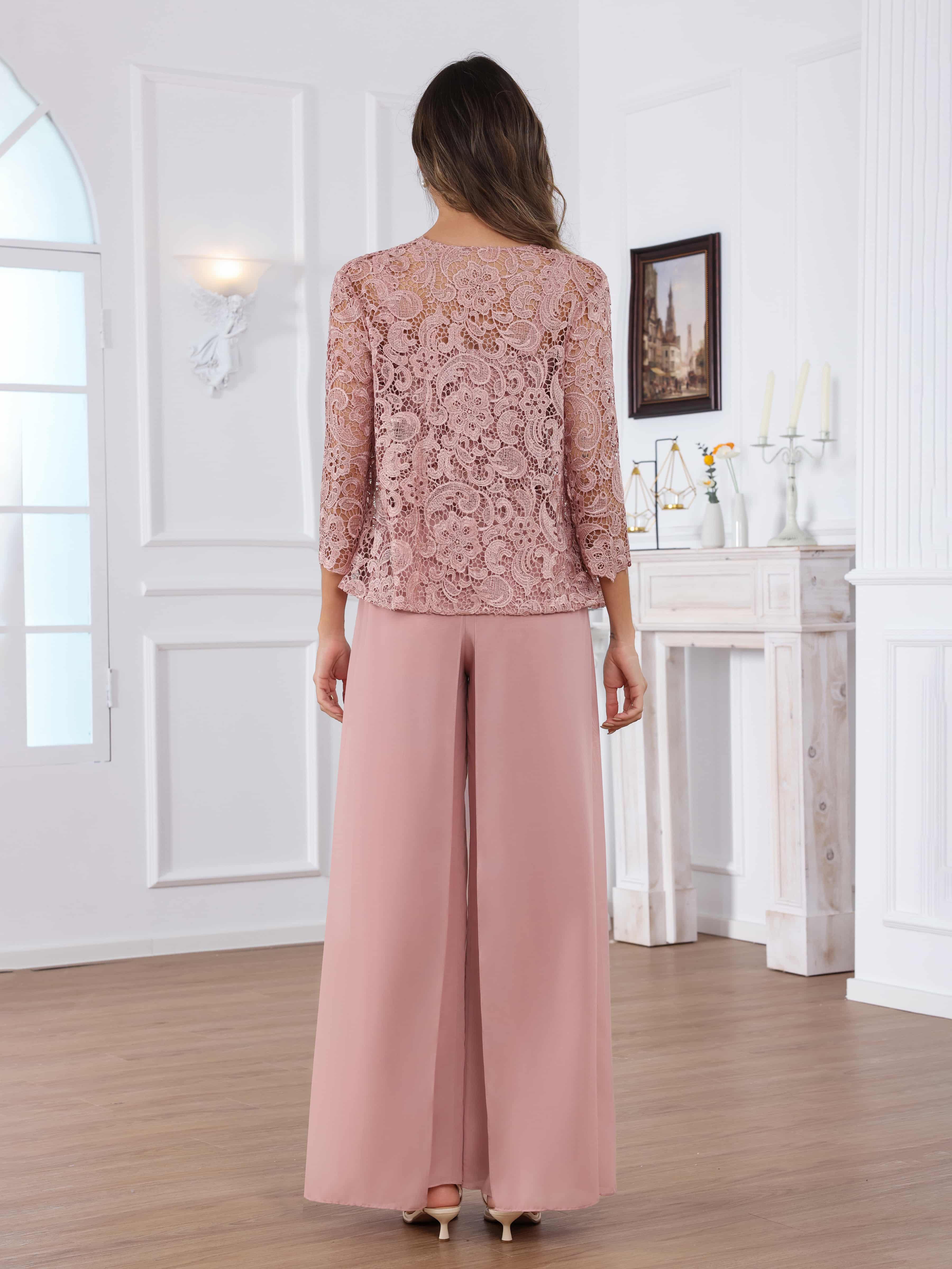 Praelithara Tailored Three Pieces Lace Sequins Chiffon Mother of the Bride Pantsuit
