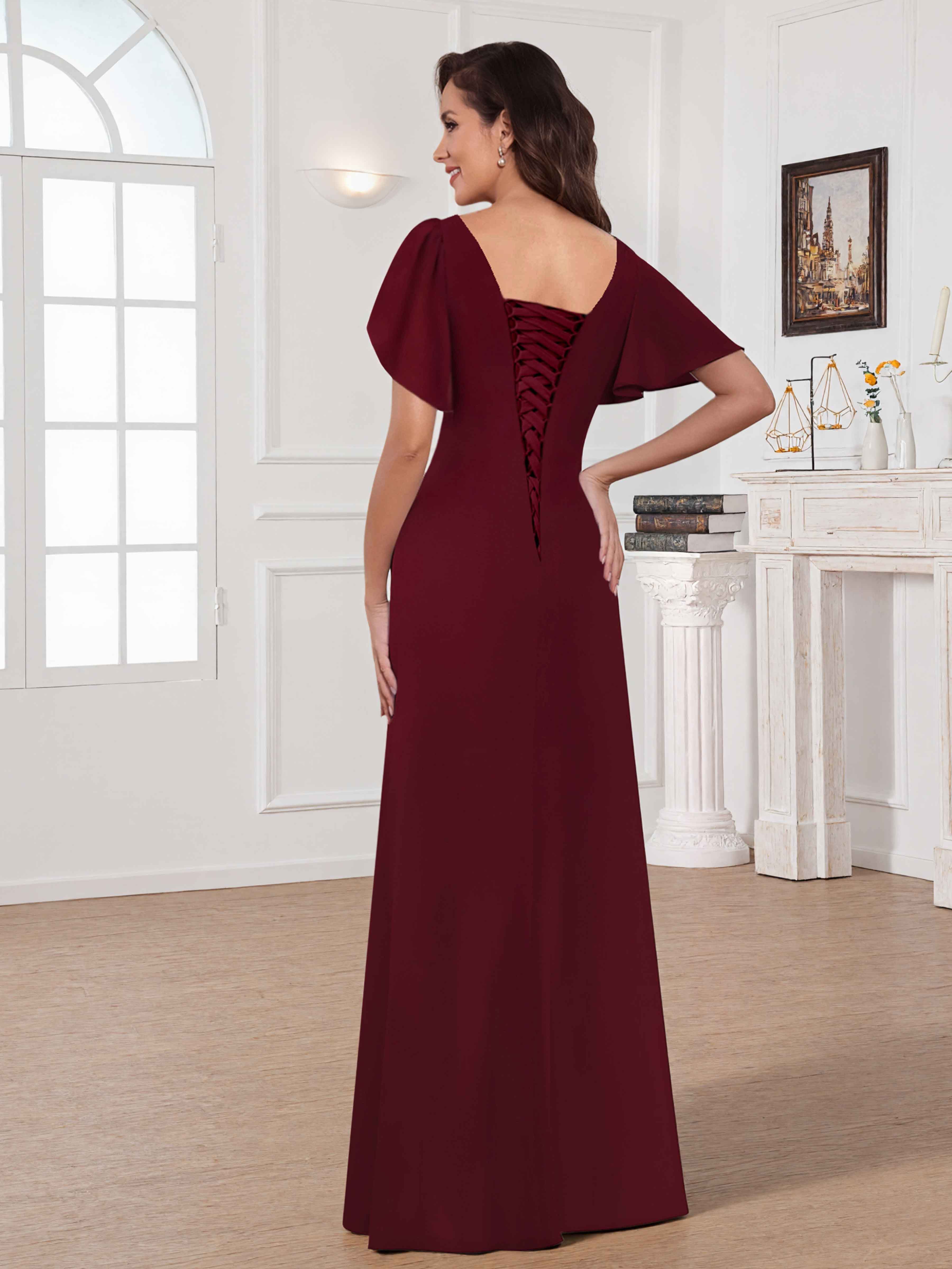 Aureline Elegant V Neck Flutter Sleeves Appliques Long Chiffon Bridesmaid Dresses UK