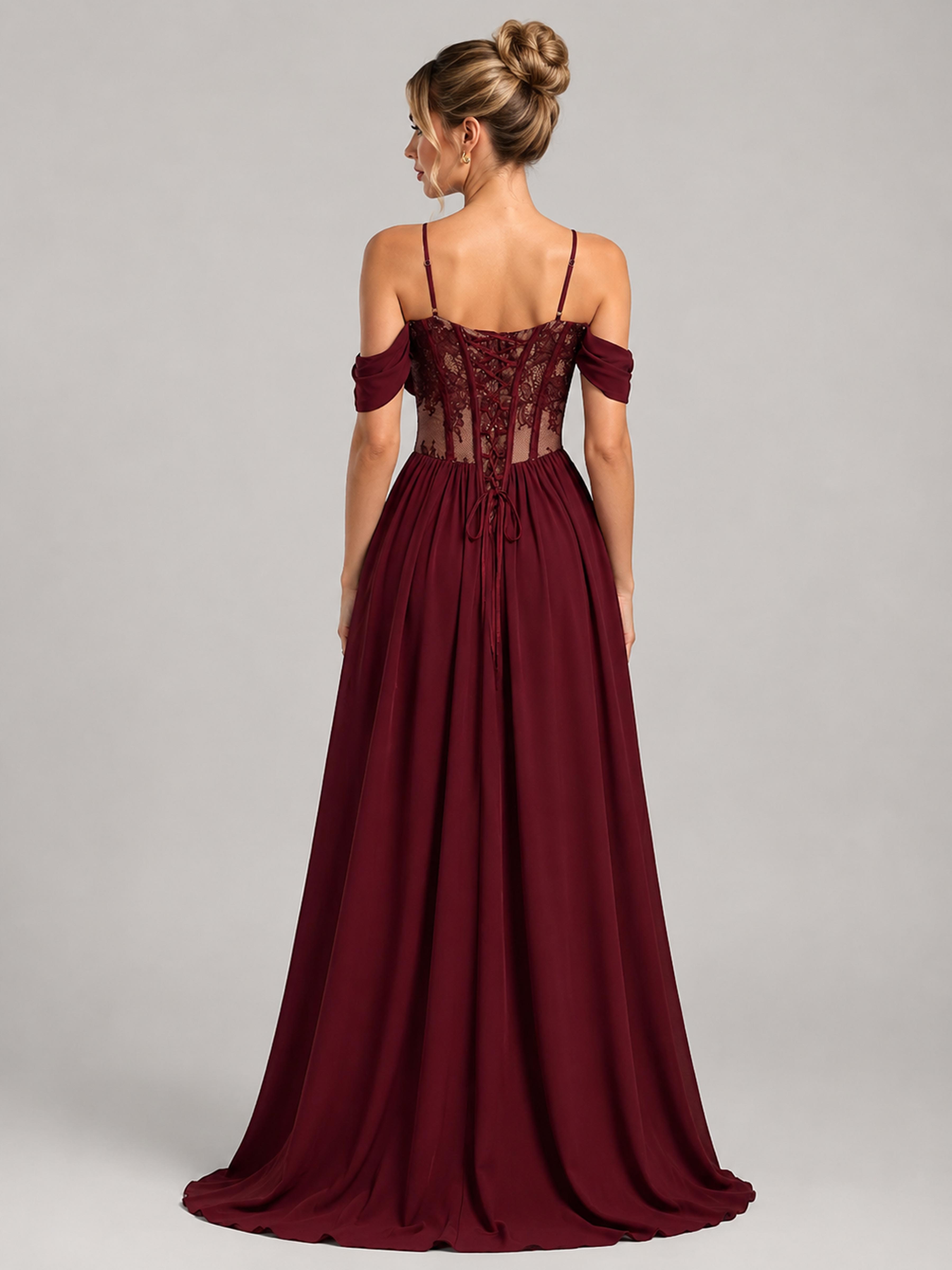 Thalina Romantic Spaghetti Straps Lace Corset Slit Long Chiffon Bridesmaid Dresses UK