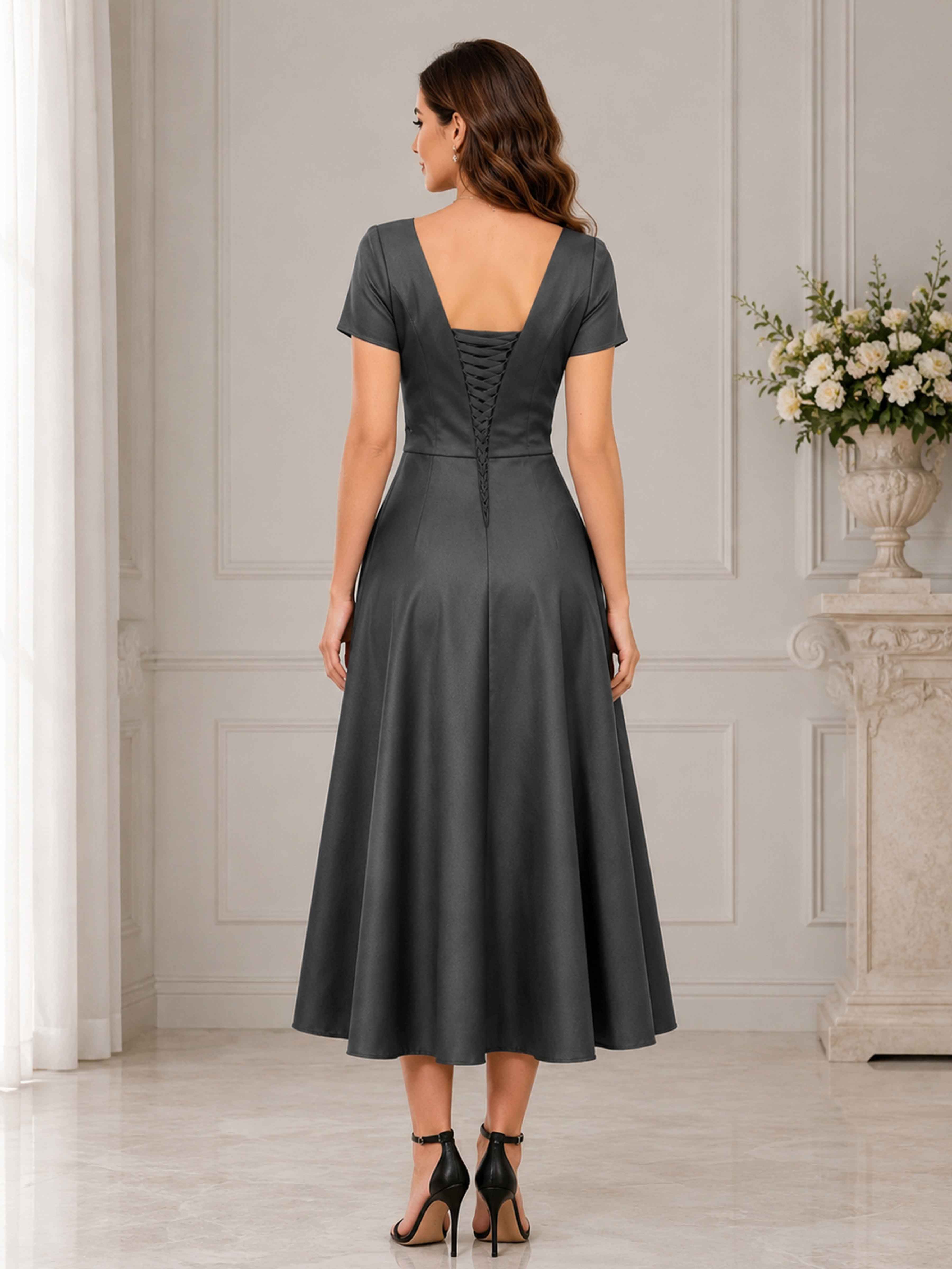 Liorenza Elegant V Neck Short Sleeves Ruffles Tea Length Satin Formal Dresses UK