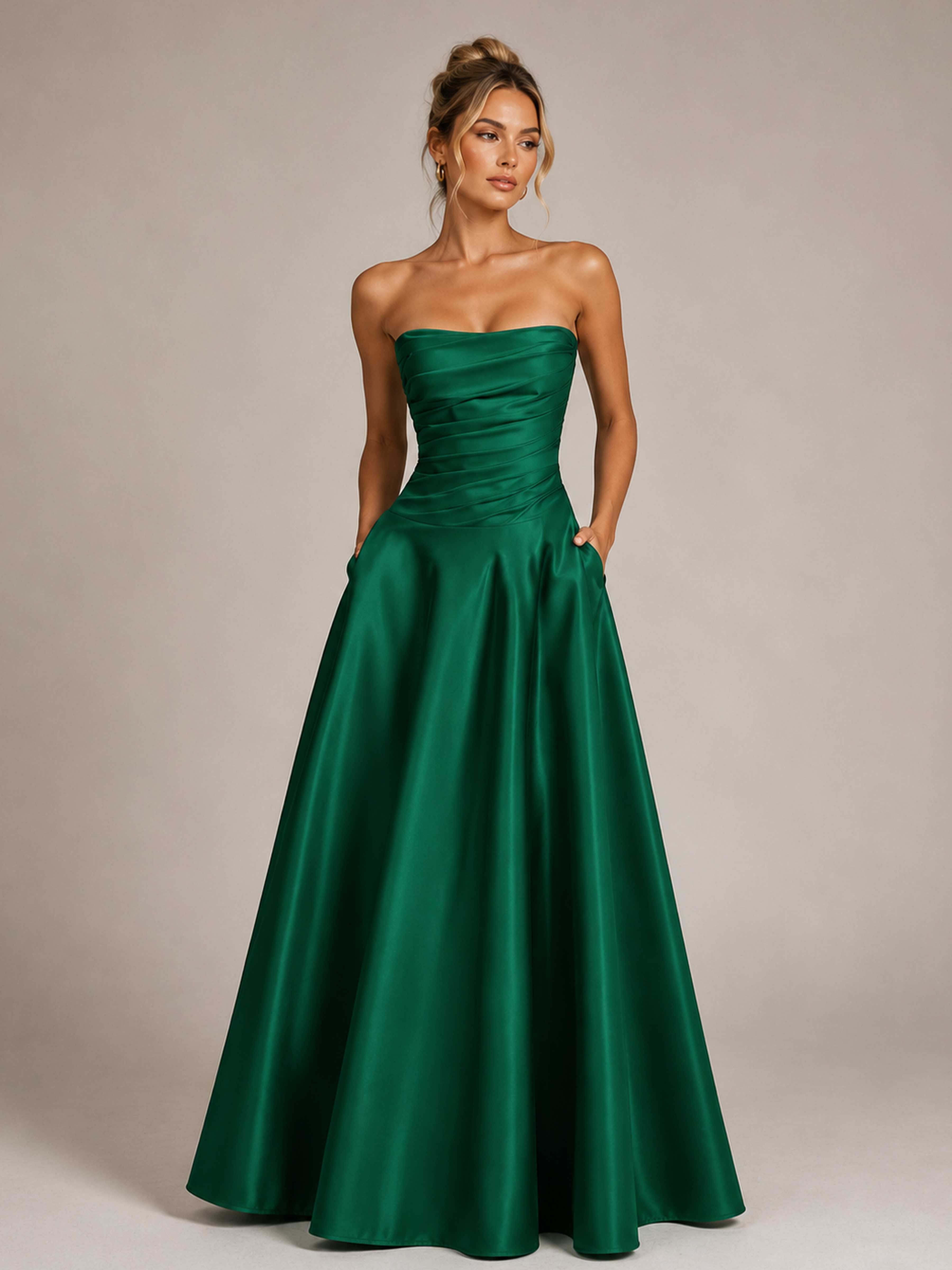 Soleira Strapless Ruched Satin A-Line Evening Gown with Pockets UK