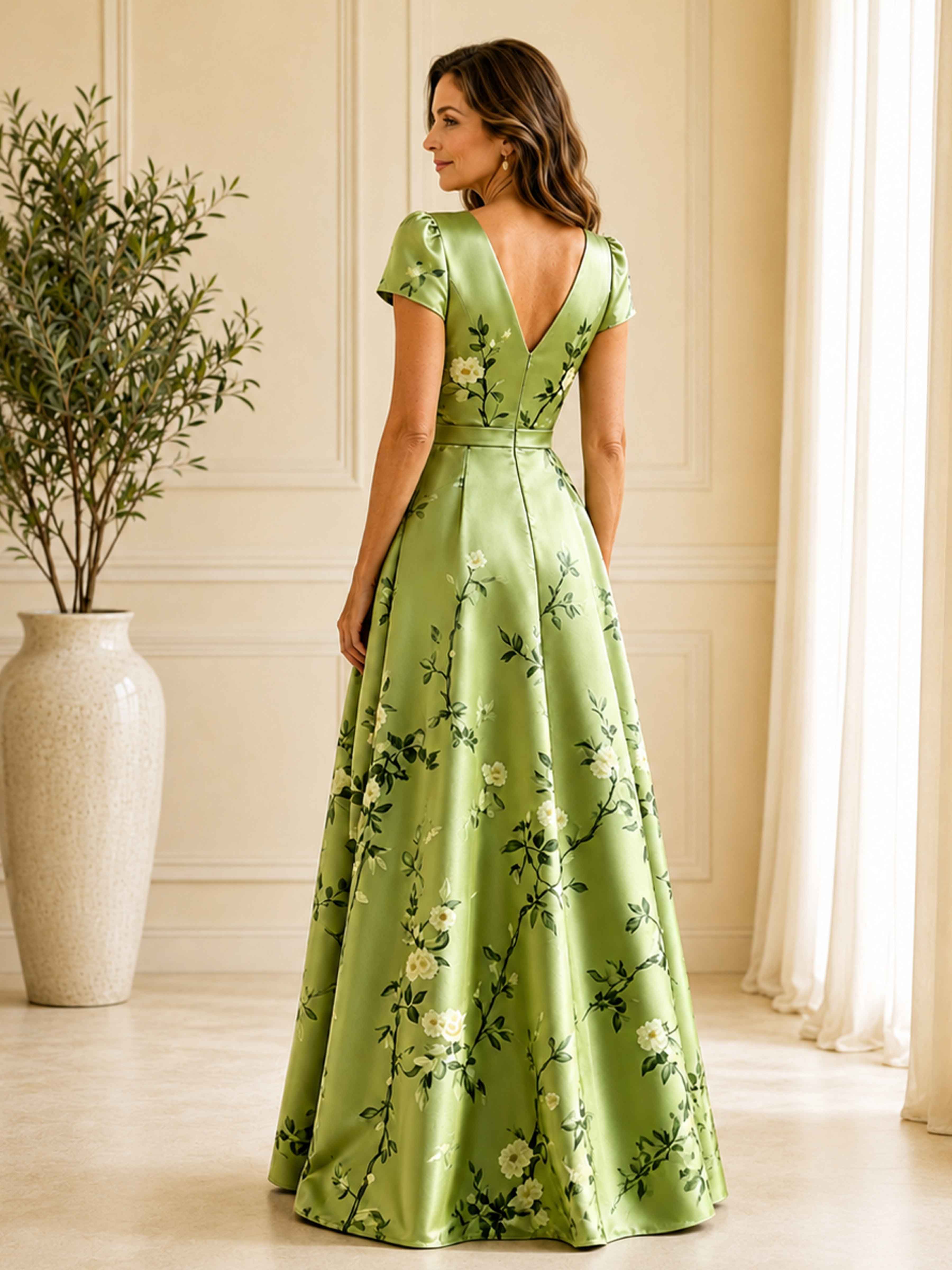Coraliea Elegant Floral A Line V Neck Satin Mother of the Bride Dress