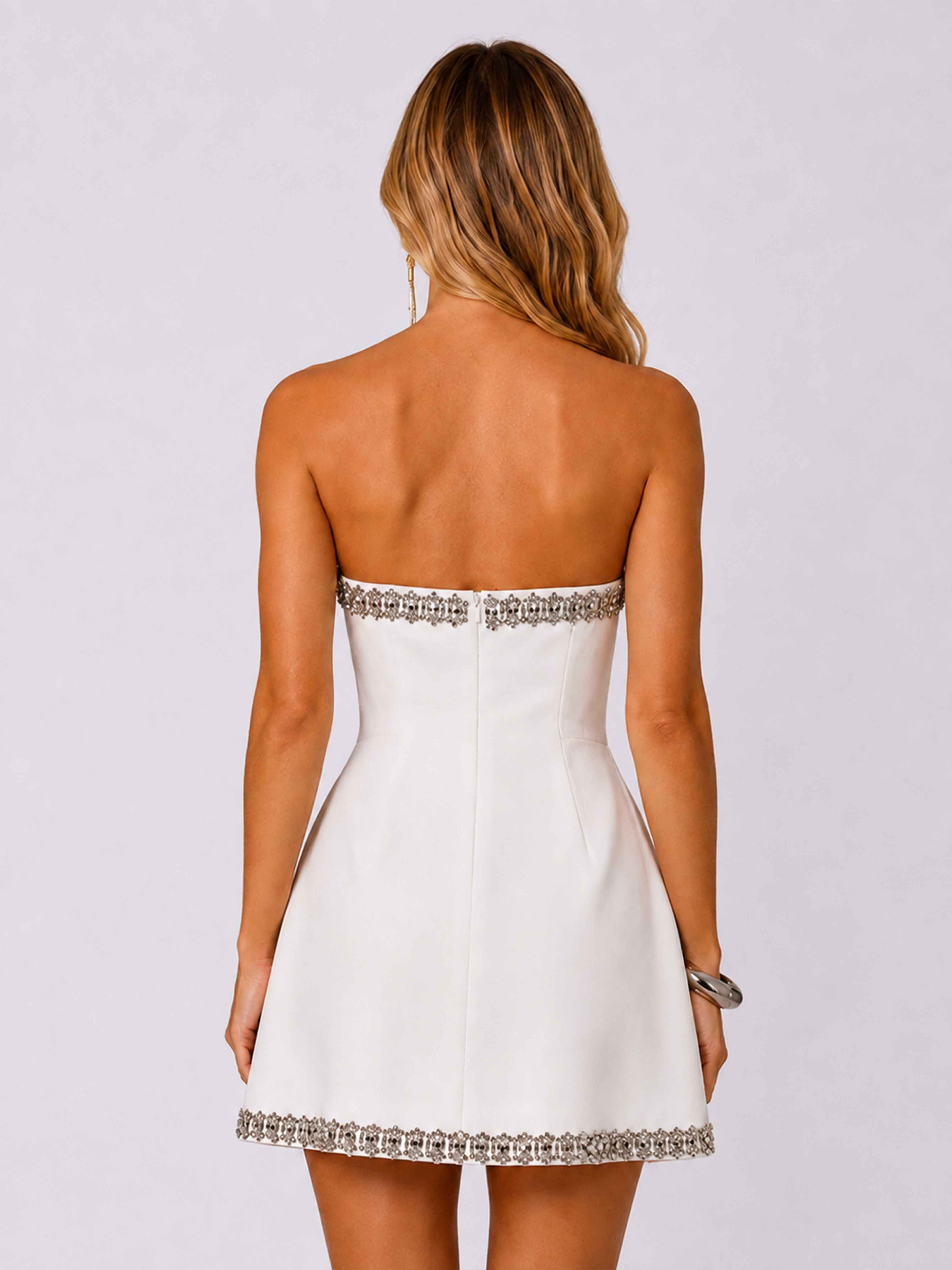 Mavelle Glamorous Beaded Trim Strapless Mini Party Dress