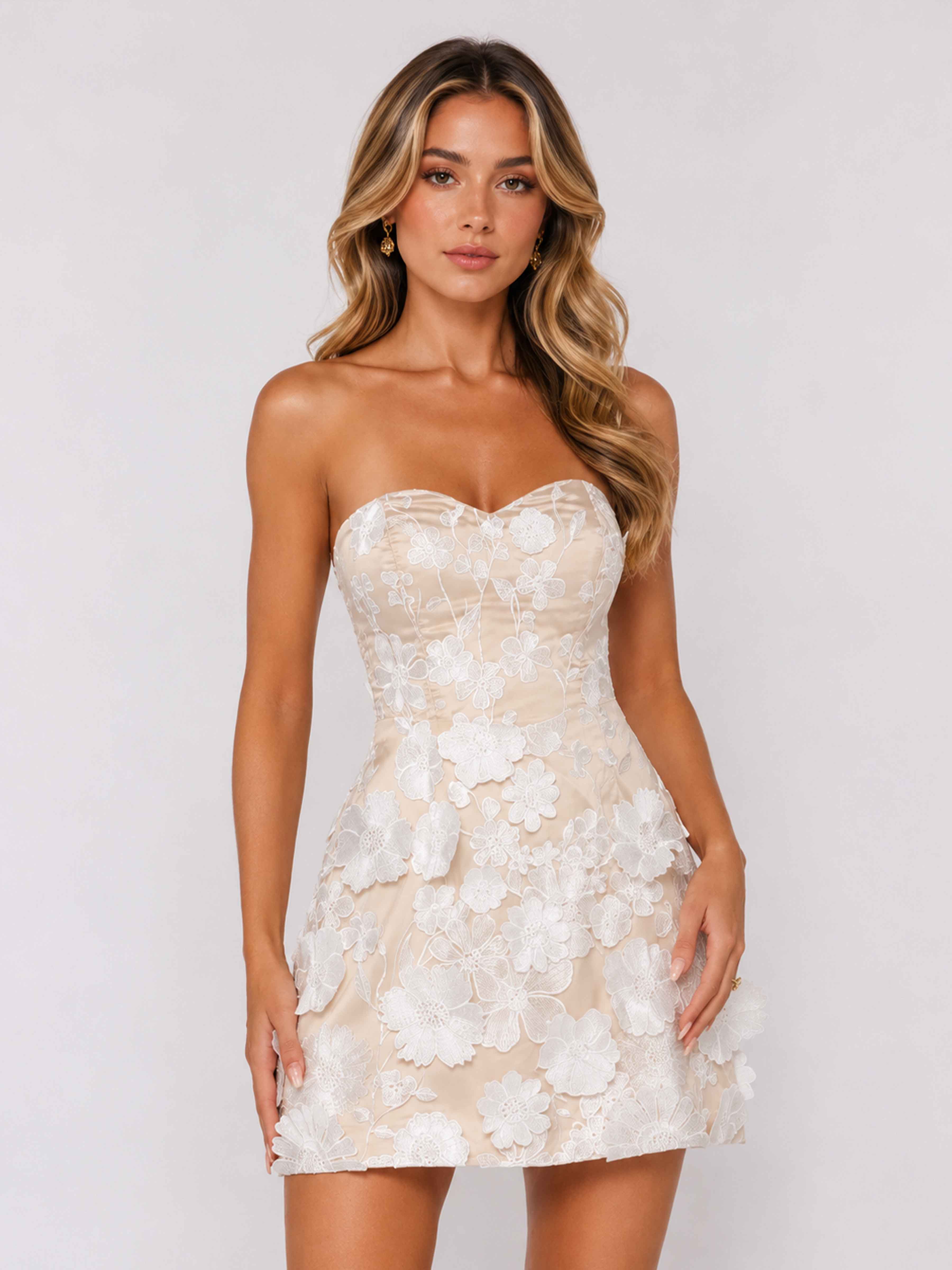 Calioria Romantic Floral Sweetheart Strapless Mini Party Dress