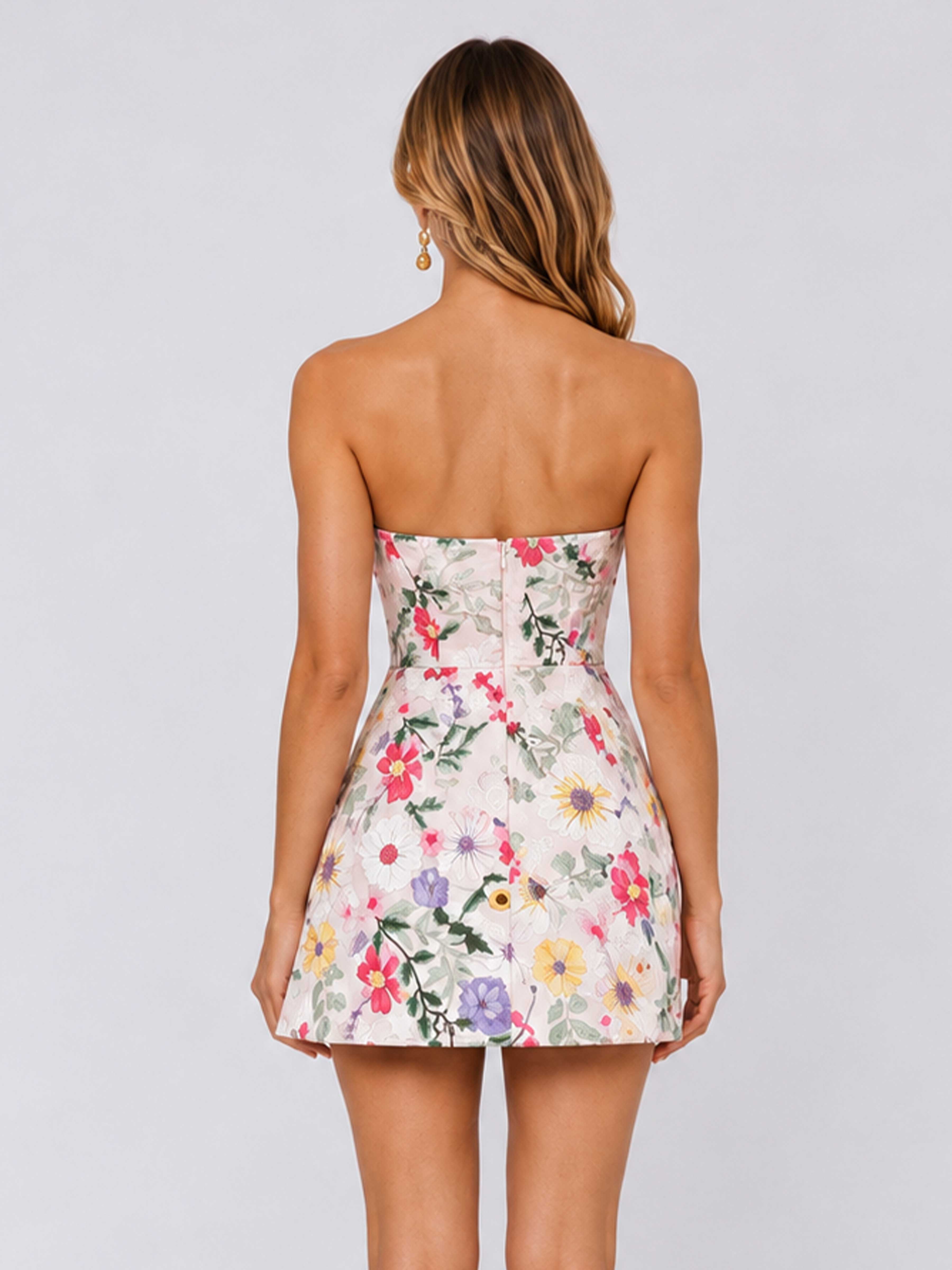 Floravie Strapless A-Line Floral Embroidered Mini Party Dress