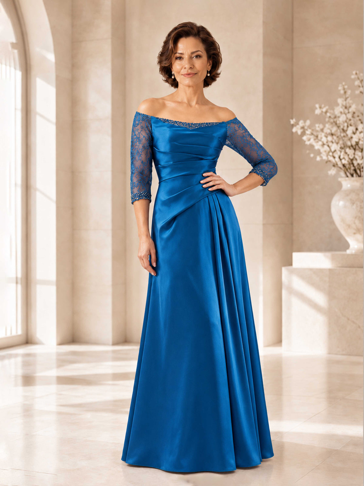 Elisienne Elegant Satin Lace Off Shoulder Mother of the Bride Dress