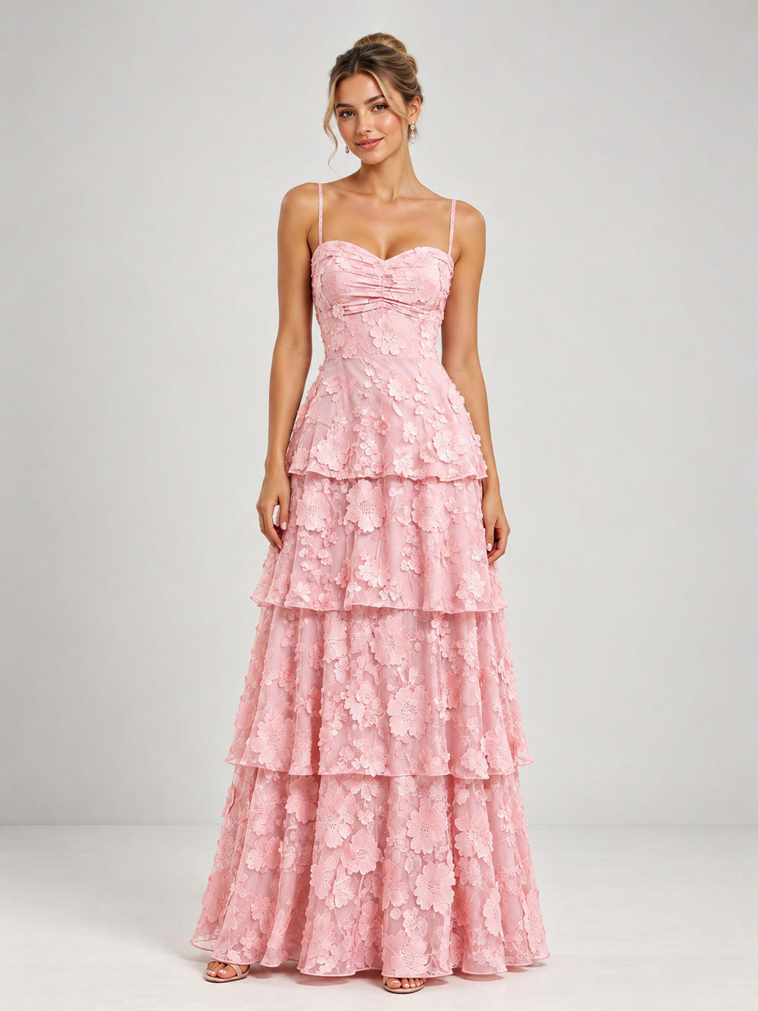 Celesielle Romantic Spaghetti Straps Sweetheart Tiered Bridesmaid Dress