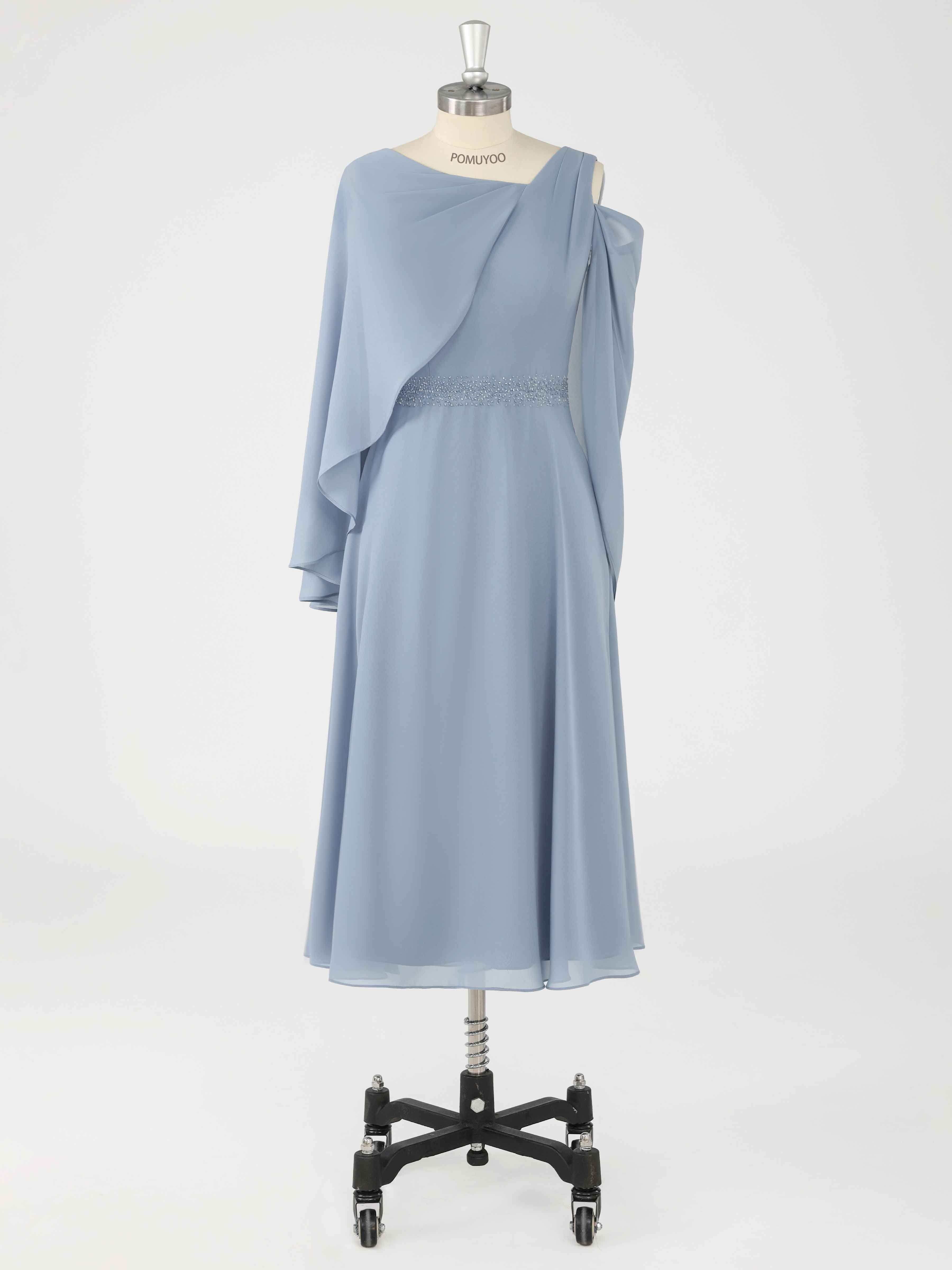 A-Line One Shoulder Beading Tea Length Chiffon Mother of the Bride Dresses With Cape UK
