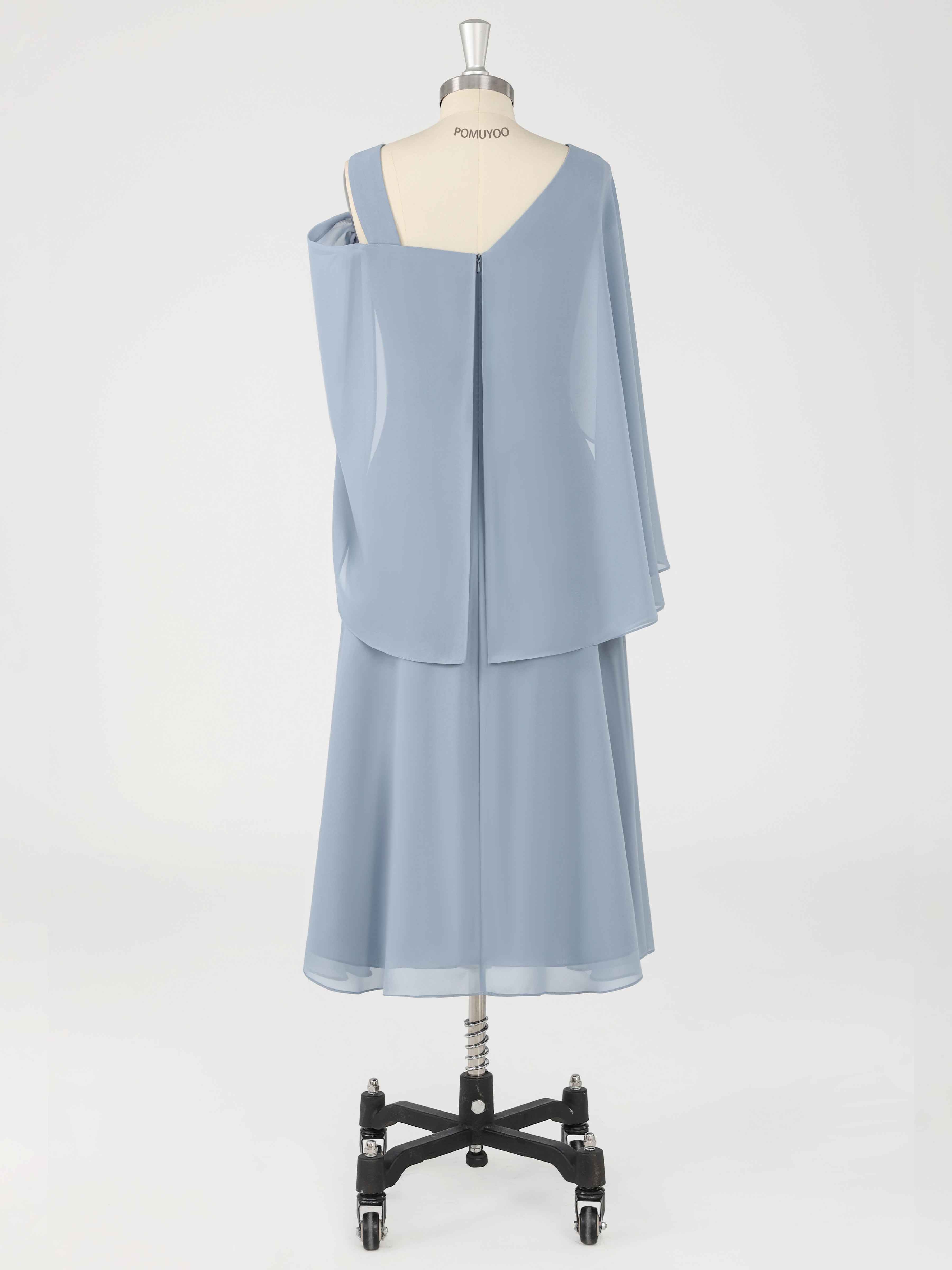 A-Line One Shoulder Beading Tea Length Chiffon Mother of the Bride Dresses With Cape UK