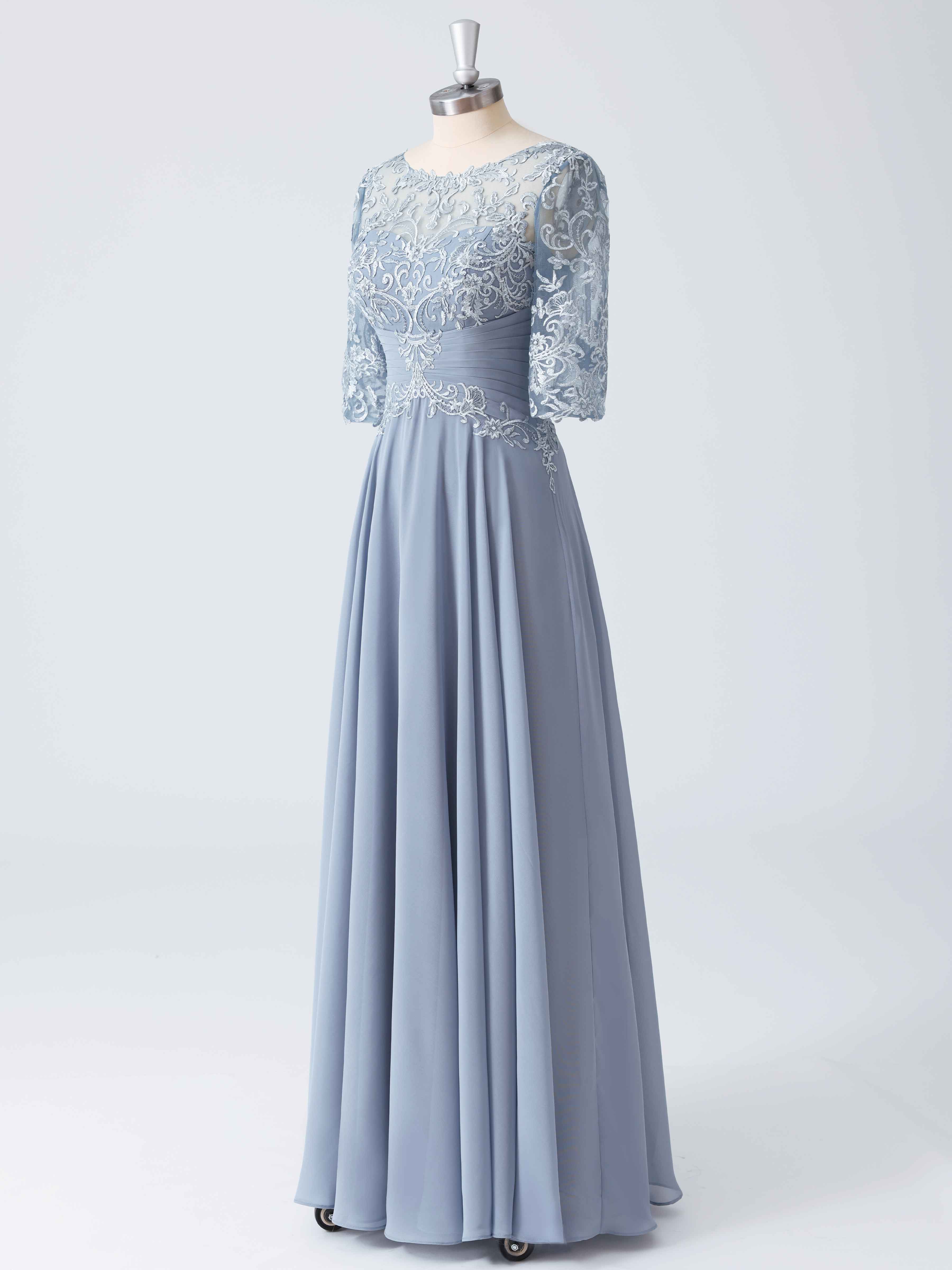 A-line Illusion Pleated Long Lace Chiffon Mother of the Bride Dresses