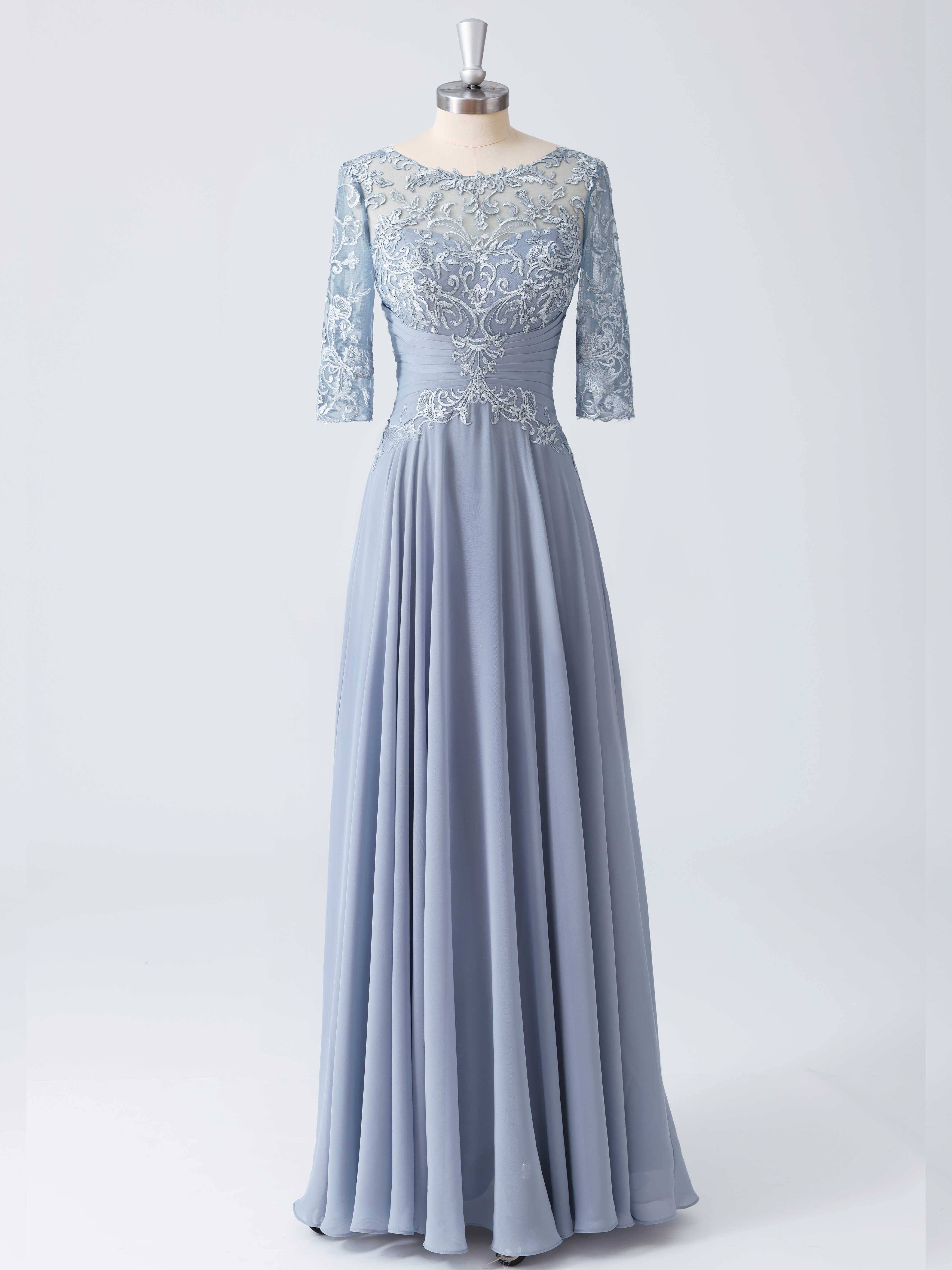 A-line Illusion Pleated Long Lace Chiffon Mother of the Bride Dresses