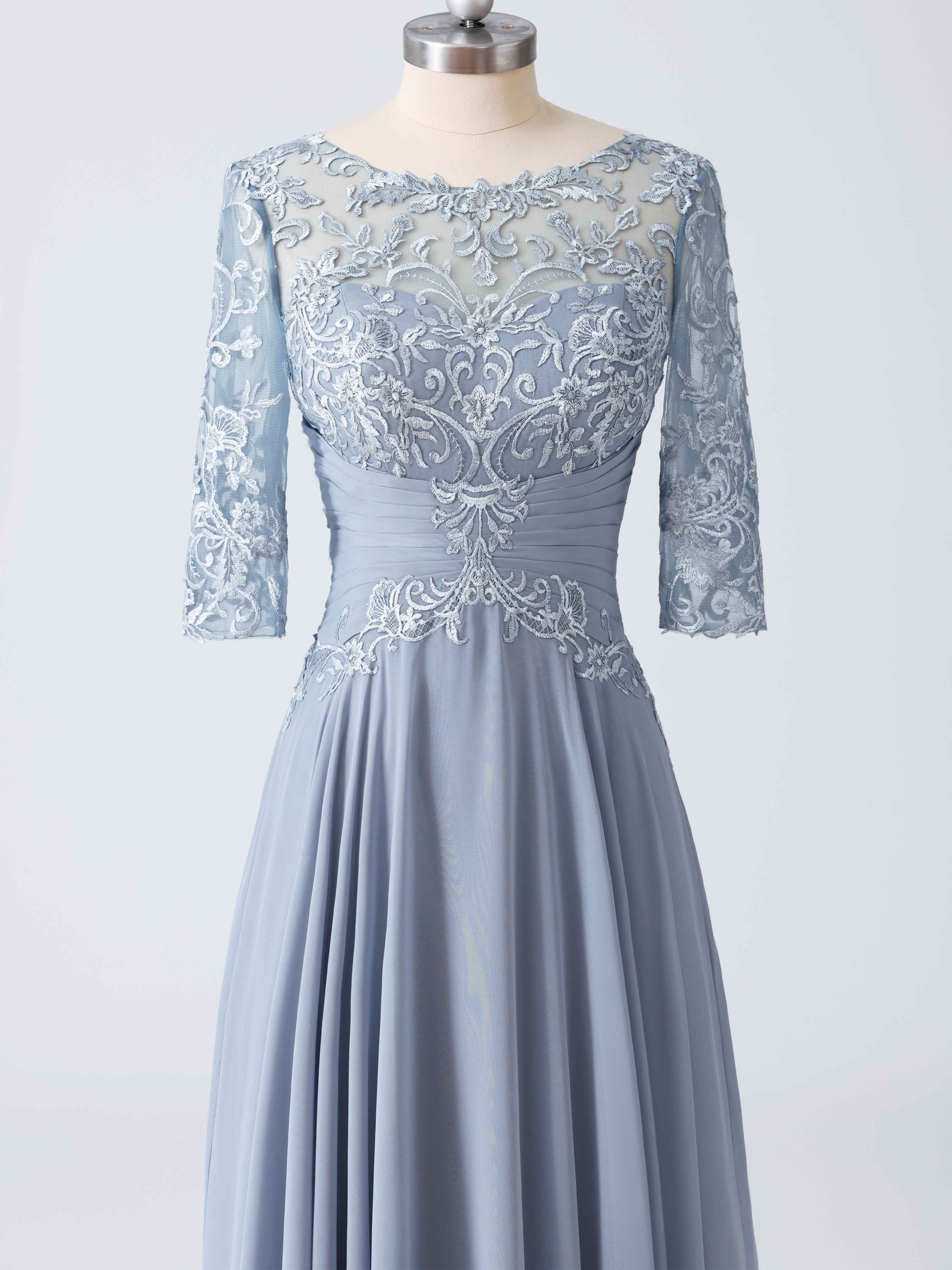 A-line Illusion Pleated Long Lace Chiffon Mother of the Bride Dresses