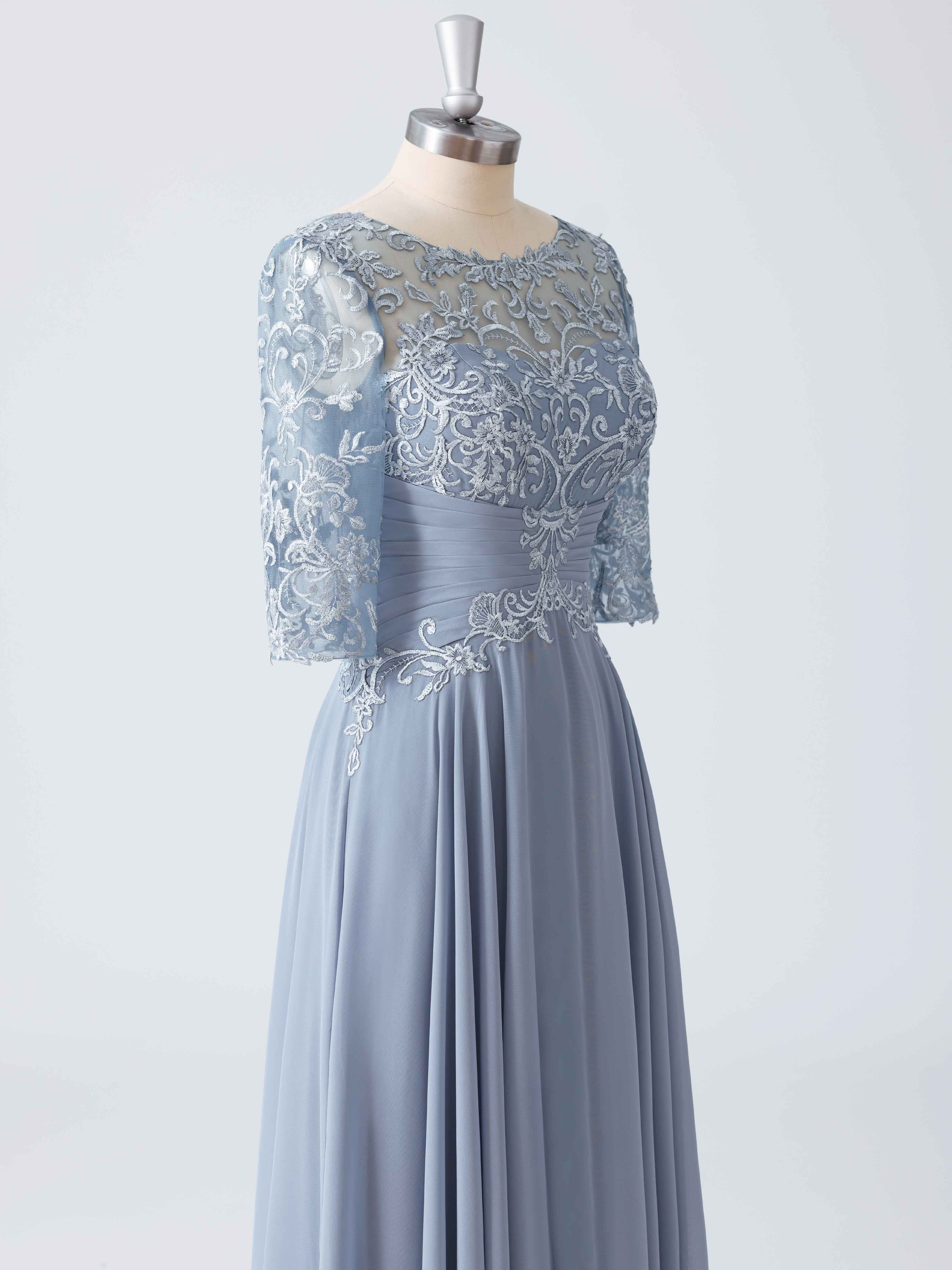 A-line Illusion Pleated Long Lace Chiffon Mother of the Bride Dresses