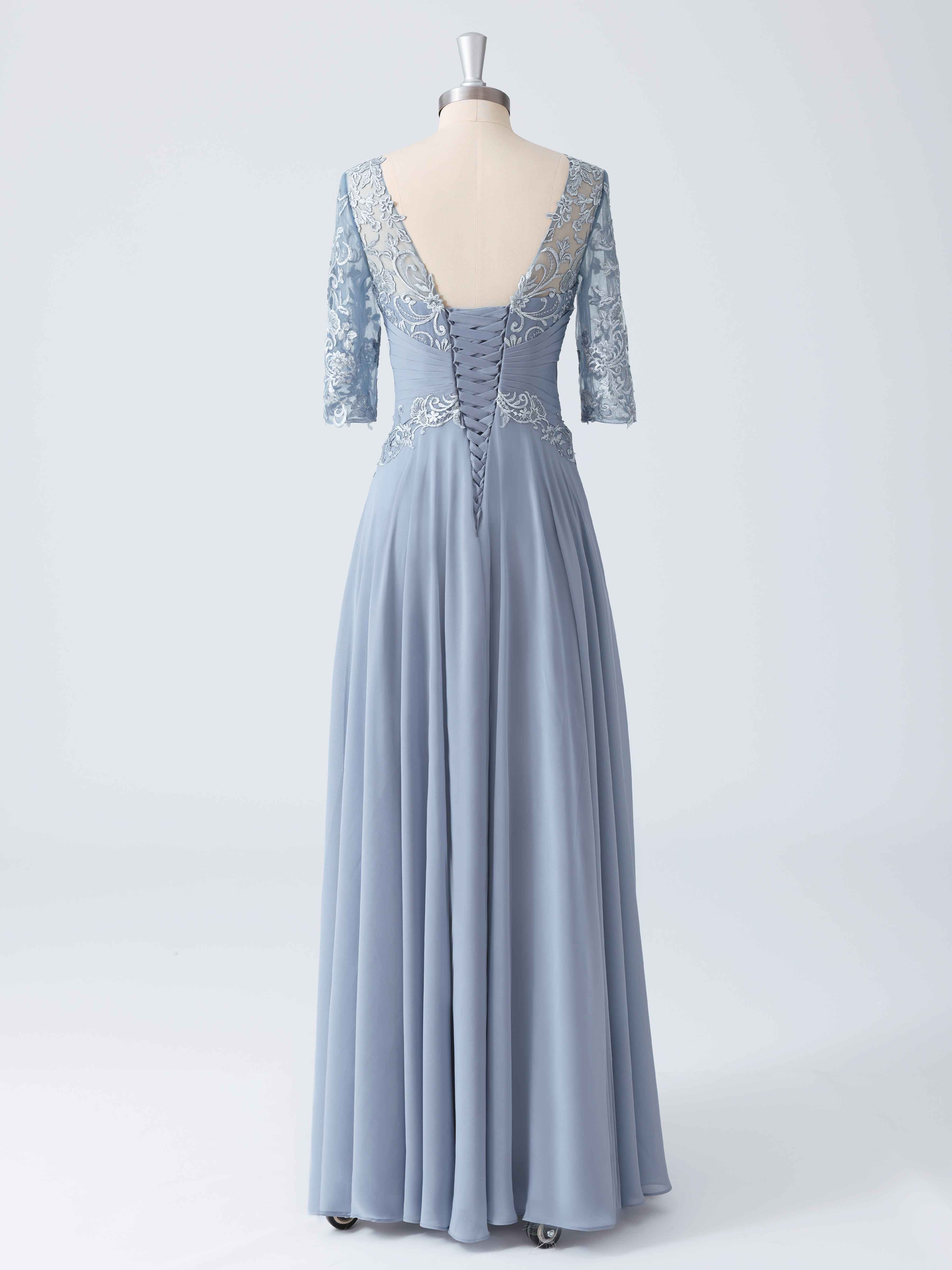 A-line Illusion Pleated Long Lace Chiffon Mother of the Bride Dresses