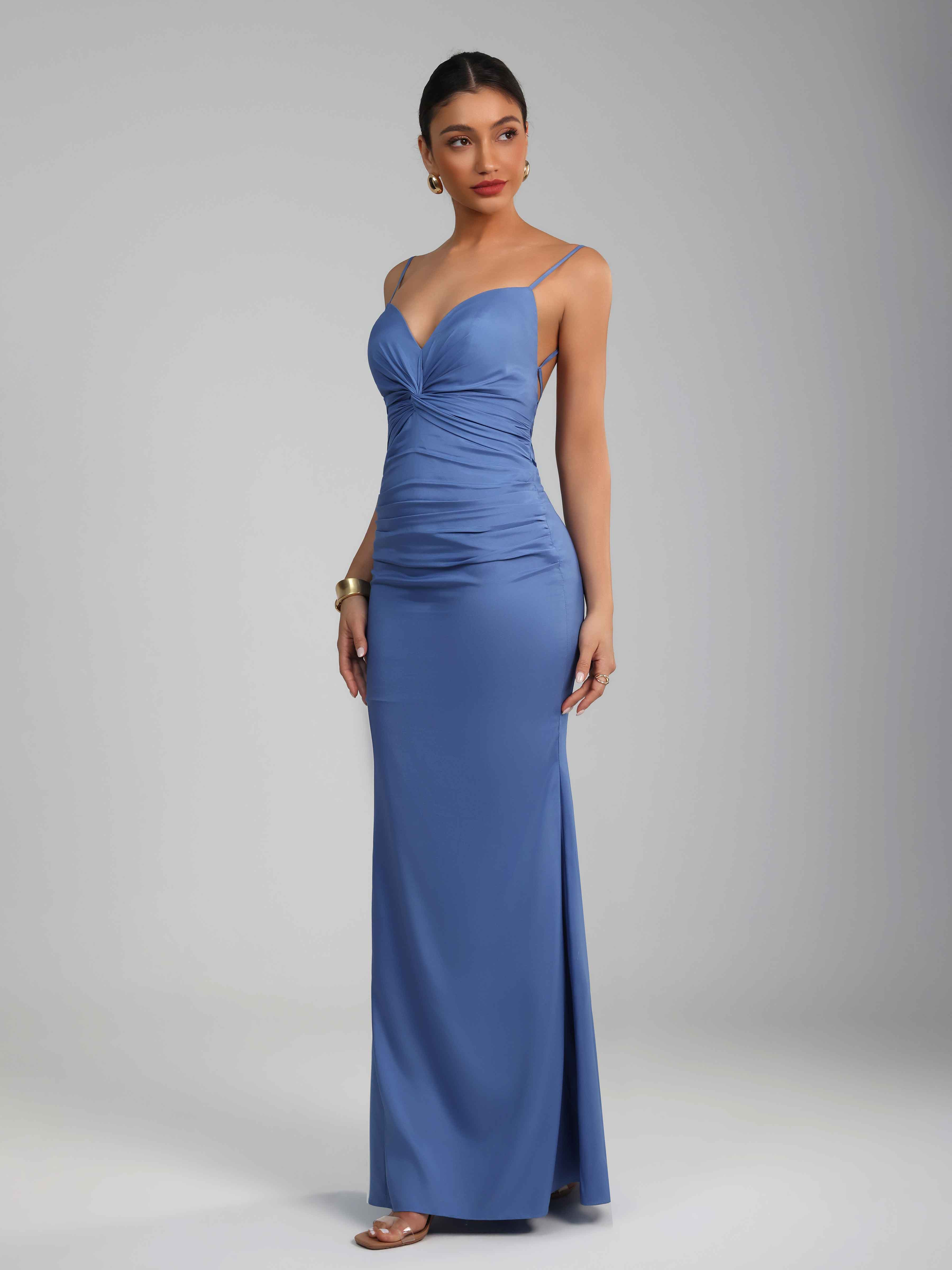 Aelithra Stylish Sheath Spaghetti Straps Pleated Floor Length Satin Prom Dresses