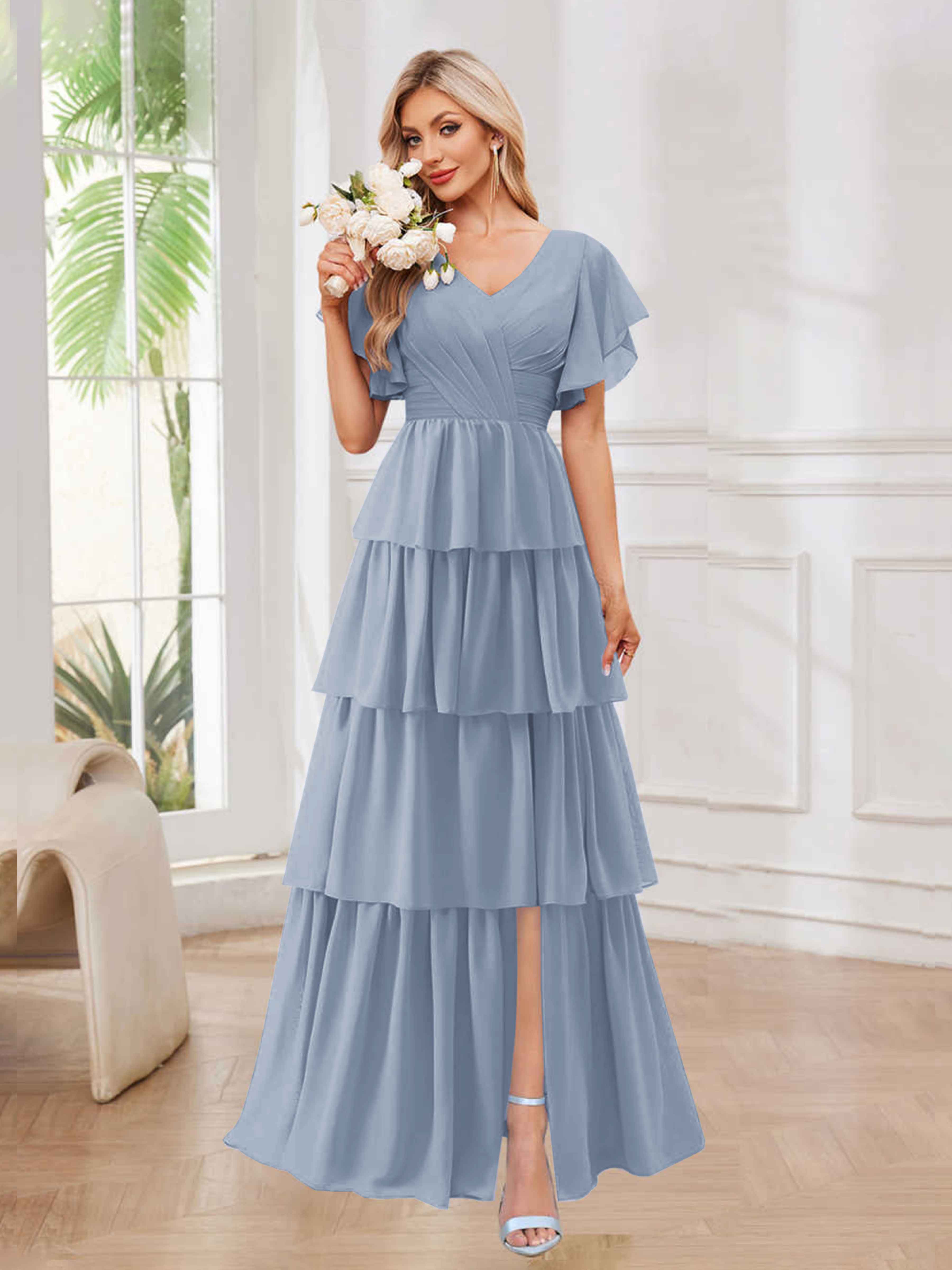 Alena Modest V-Neck Tiered Long Chiffon Bridesmaid Dresses with Sleeve Alena Modest V-Neck Tiered Long Chiffon Bridesmaid Dresses with Sleeve