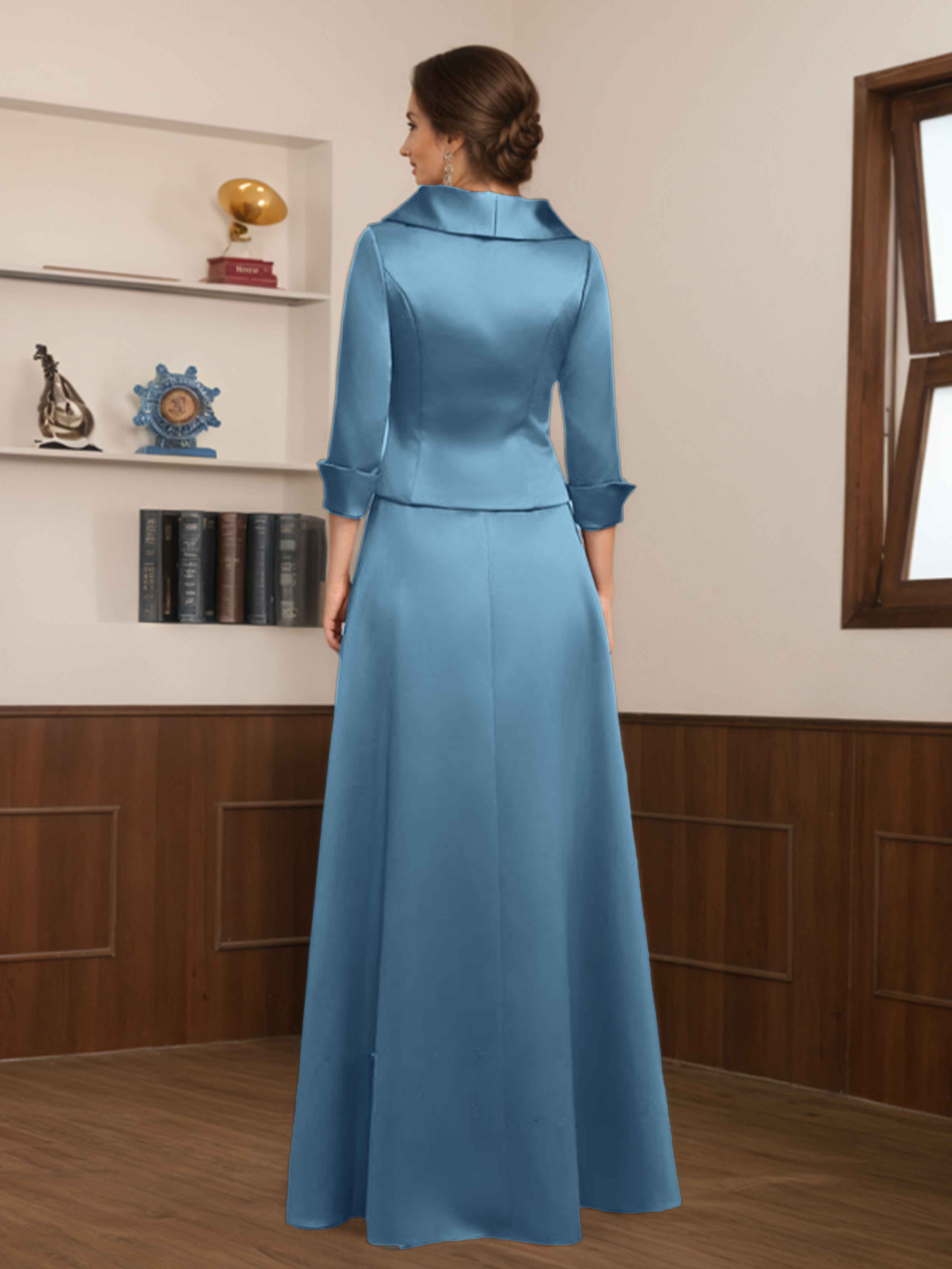 Amaryllis Modest V-Neck Separates Long Satin Mother of the Bride Dresses