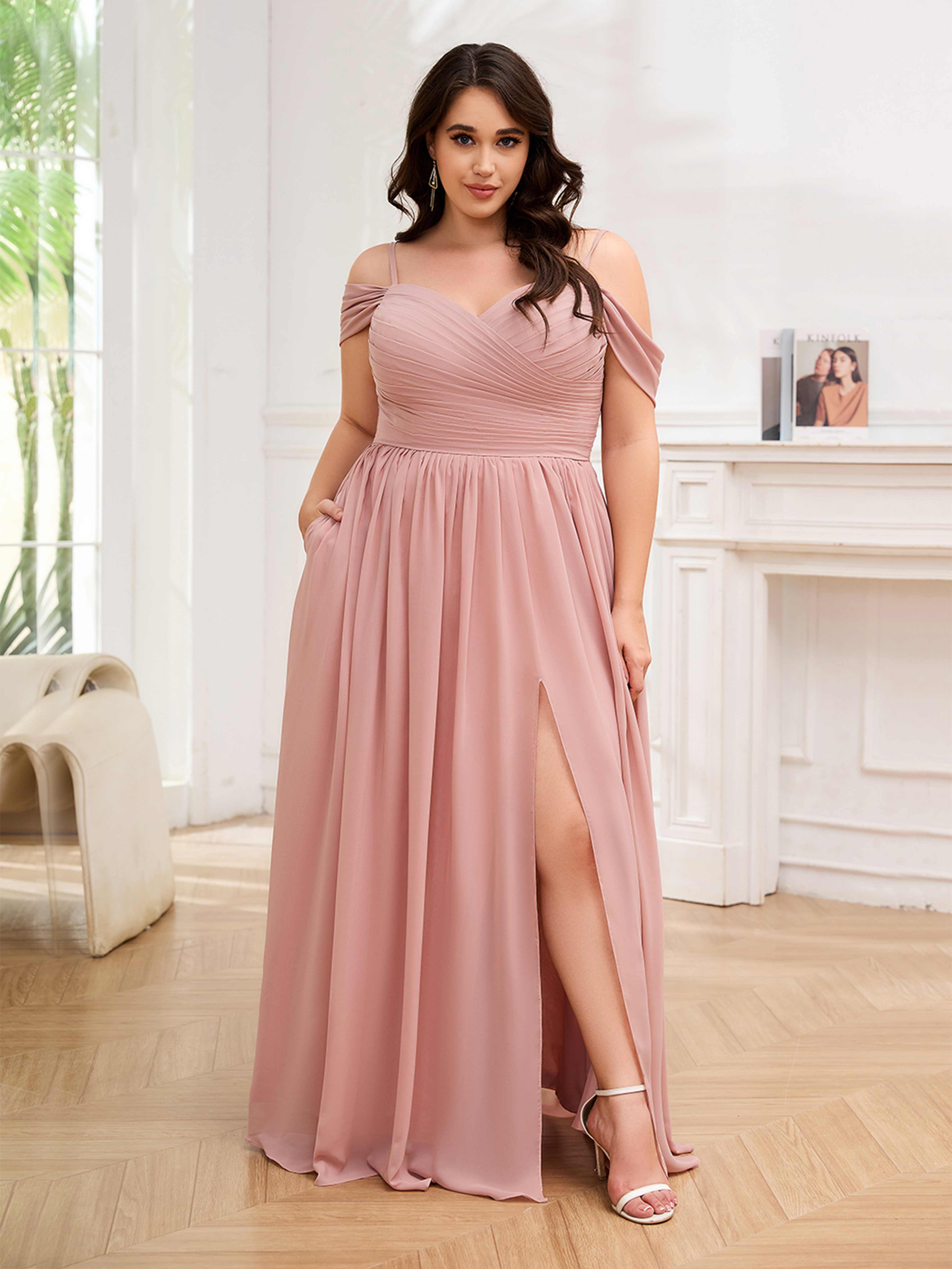 Anya Chic Off the Shoulder Pleated Long Chiffon Plus Size Bridesmaid D
