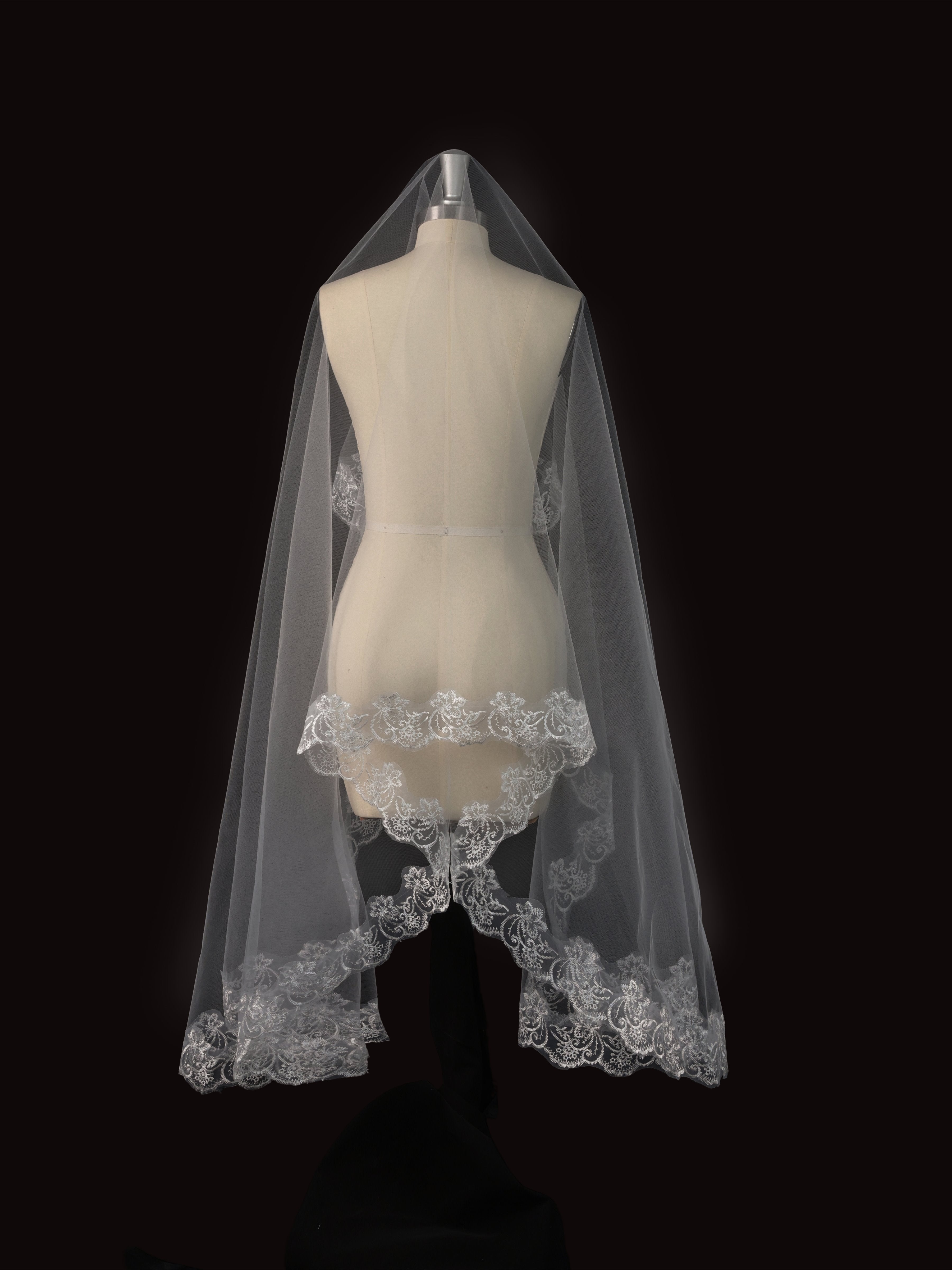 Black Lace Bridal Veil with Floral Edge