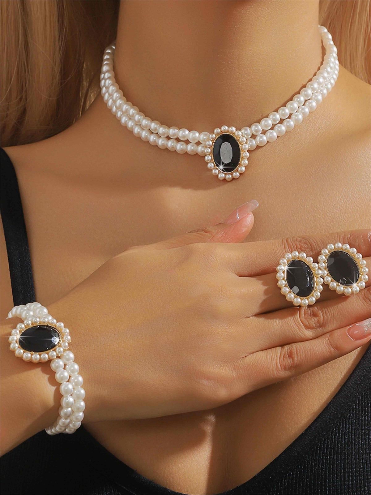 Black Pearl Crystal Formal Jewelry Set