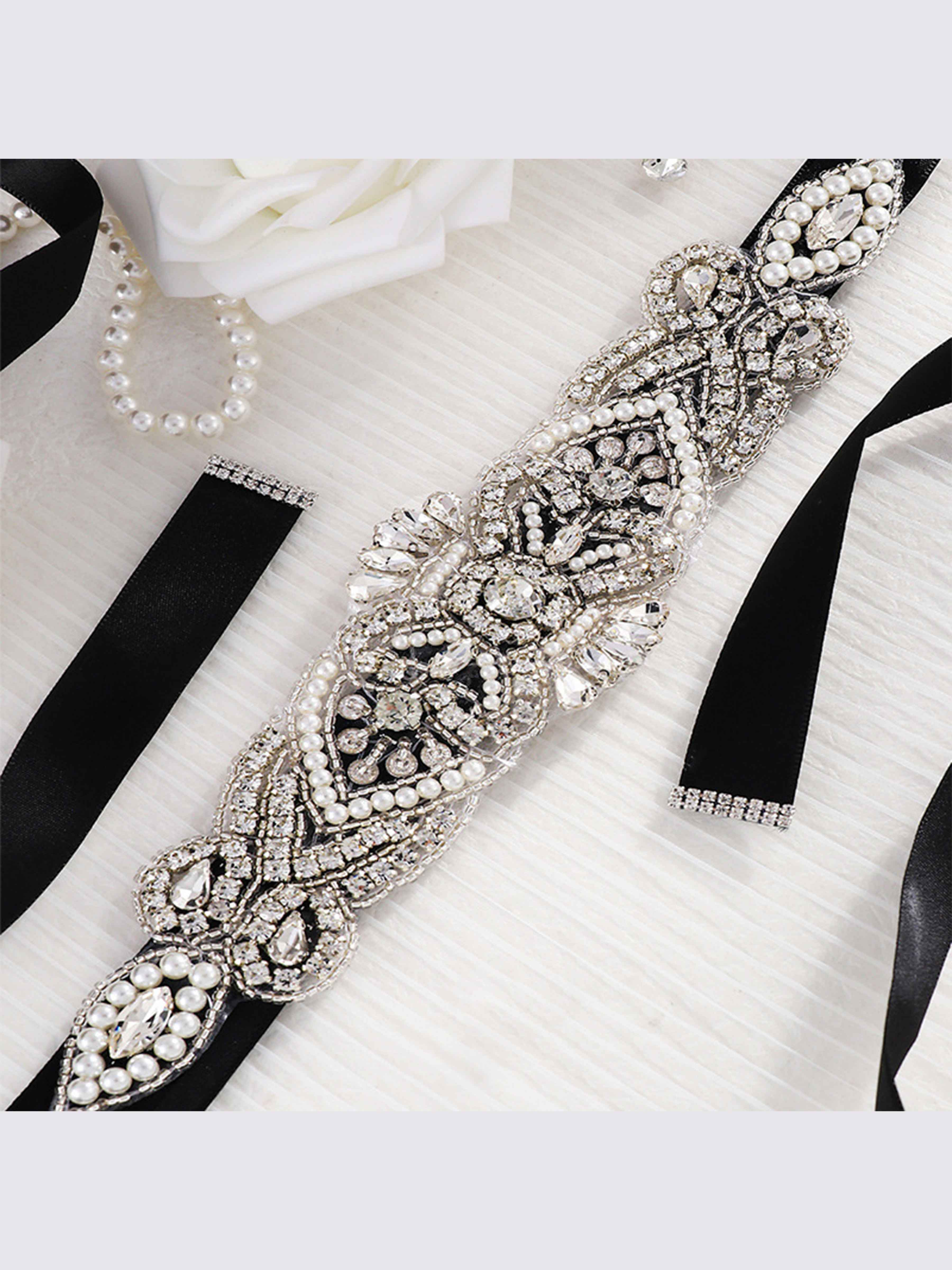 Vintage Crystal Pearl Waistband, Luxurious Ribbon Sash Belt UK