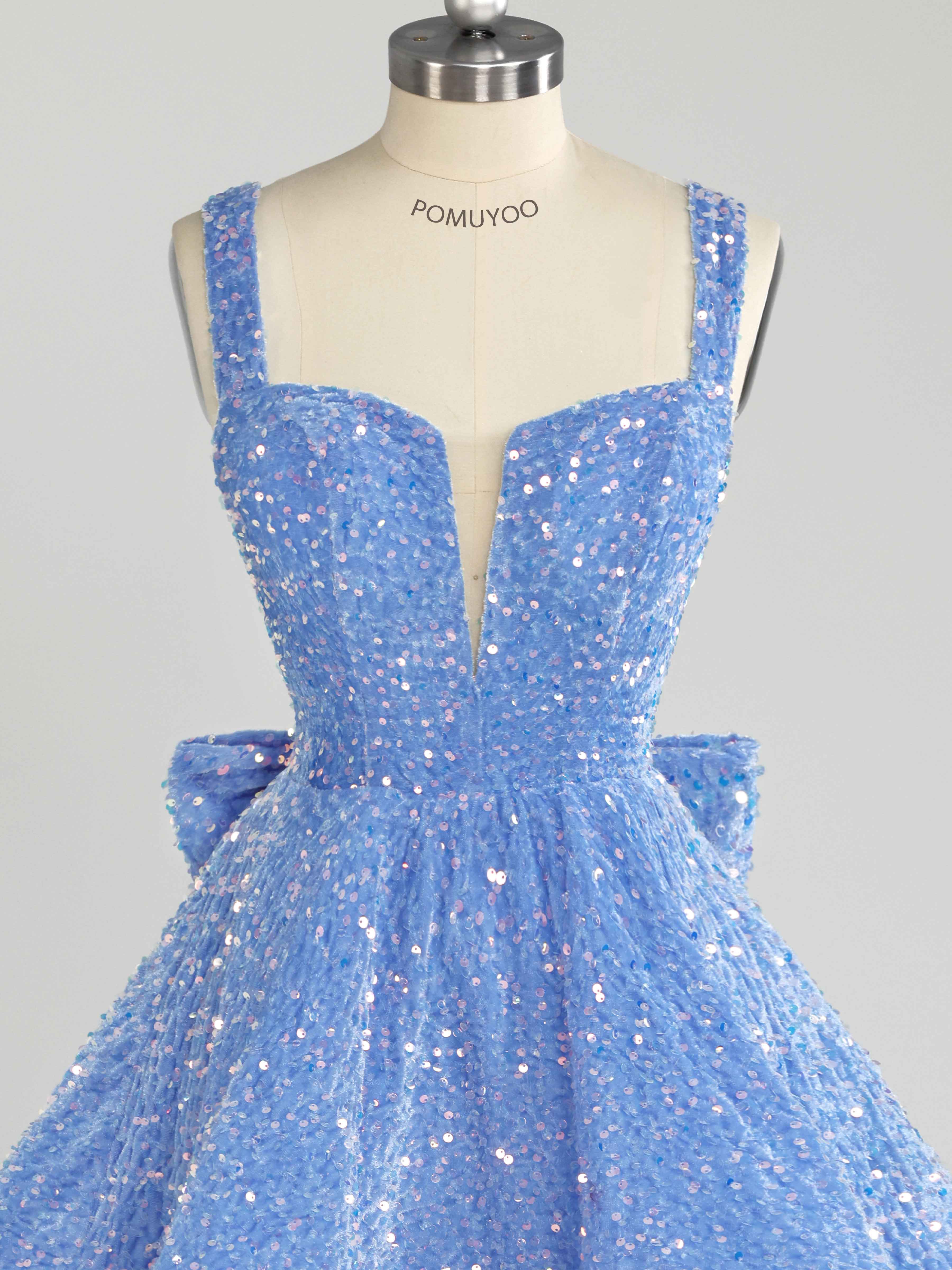 Blue A-Line Sparkly Sequin Mini Party Dresses With Bow