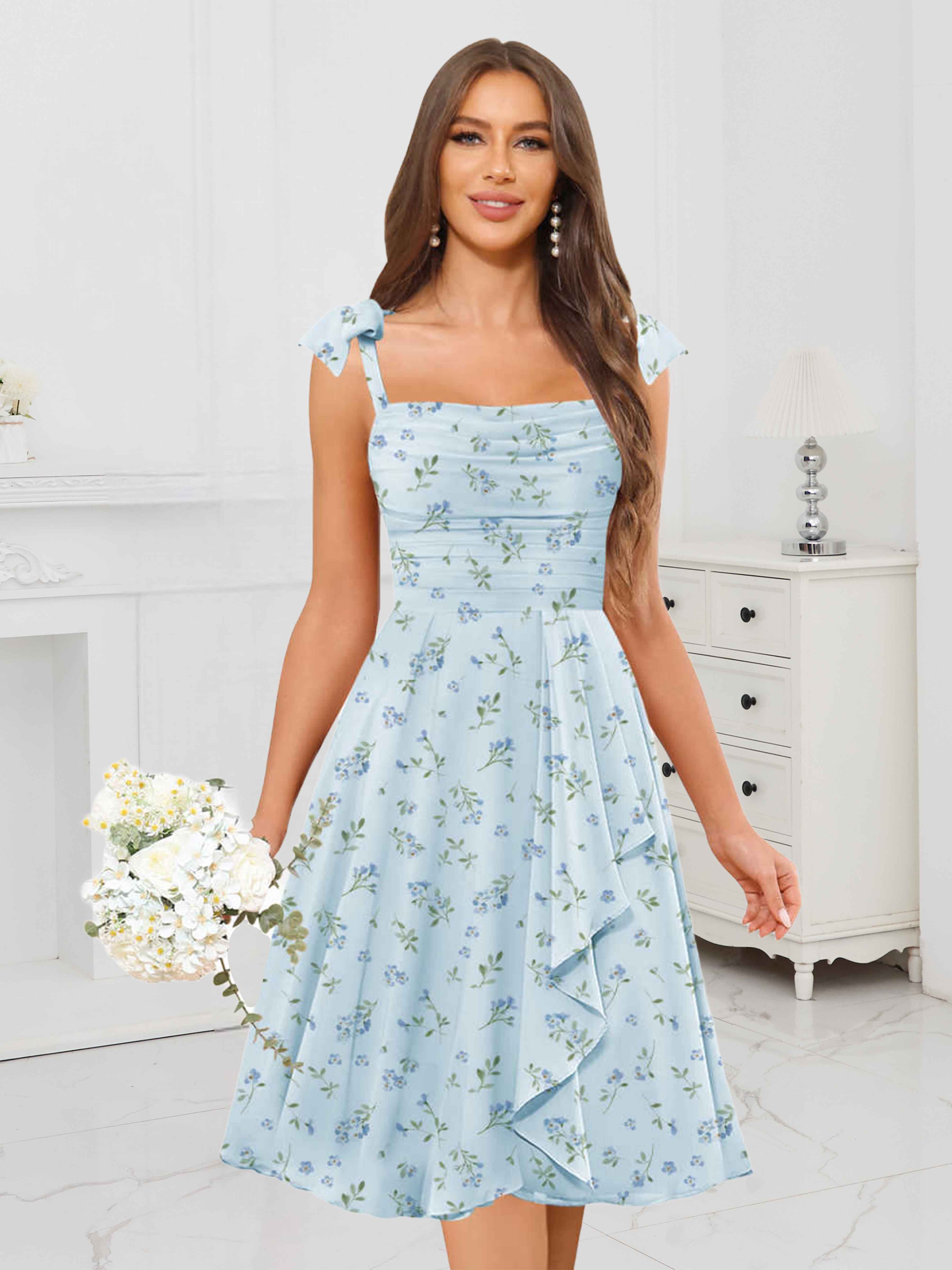 Blue Floral Ruched Ruffles Chiffon Short Bridesmaid Dresses Blue Floral Ruched Ruffles Chiffon Short Bridesmaid Dresses