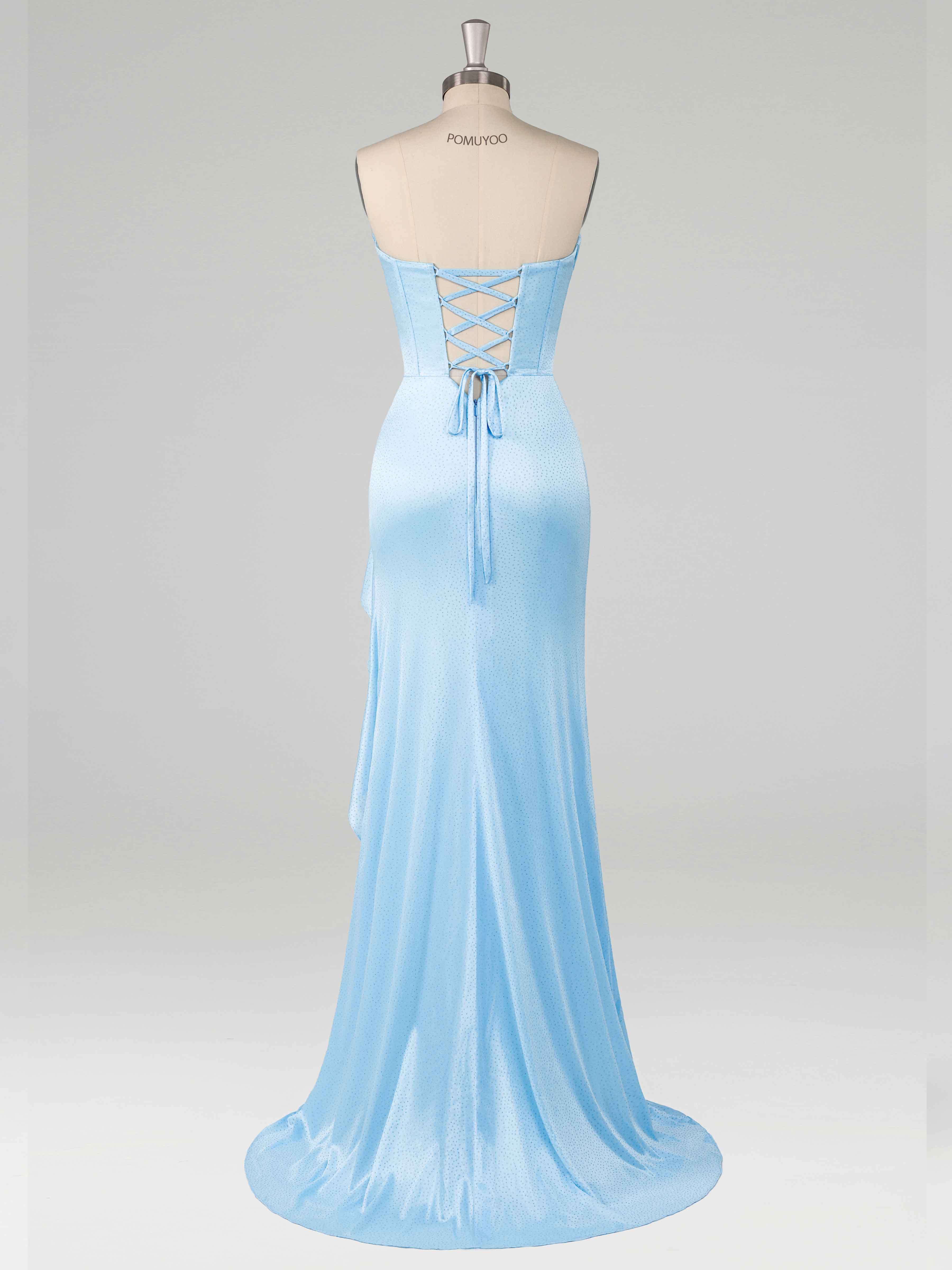 Blue Sparkly Mermaid Ruffles Slit Sweep Train Satin Prom Dresses UK