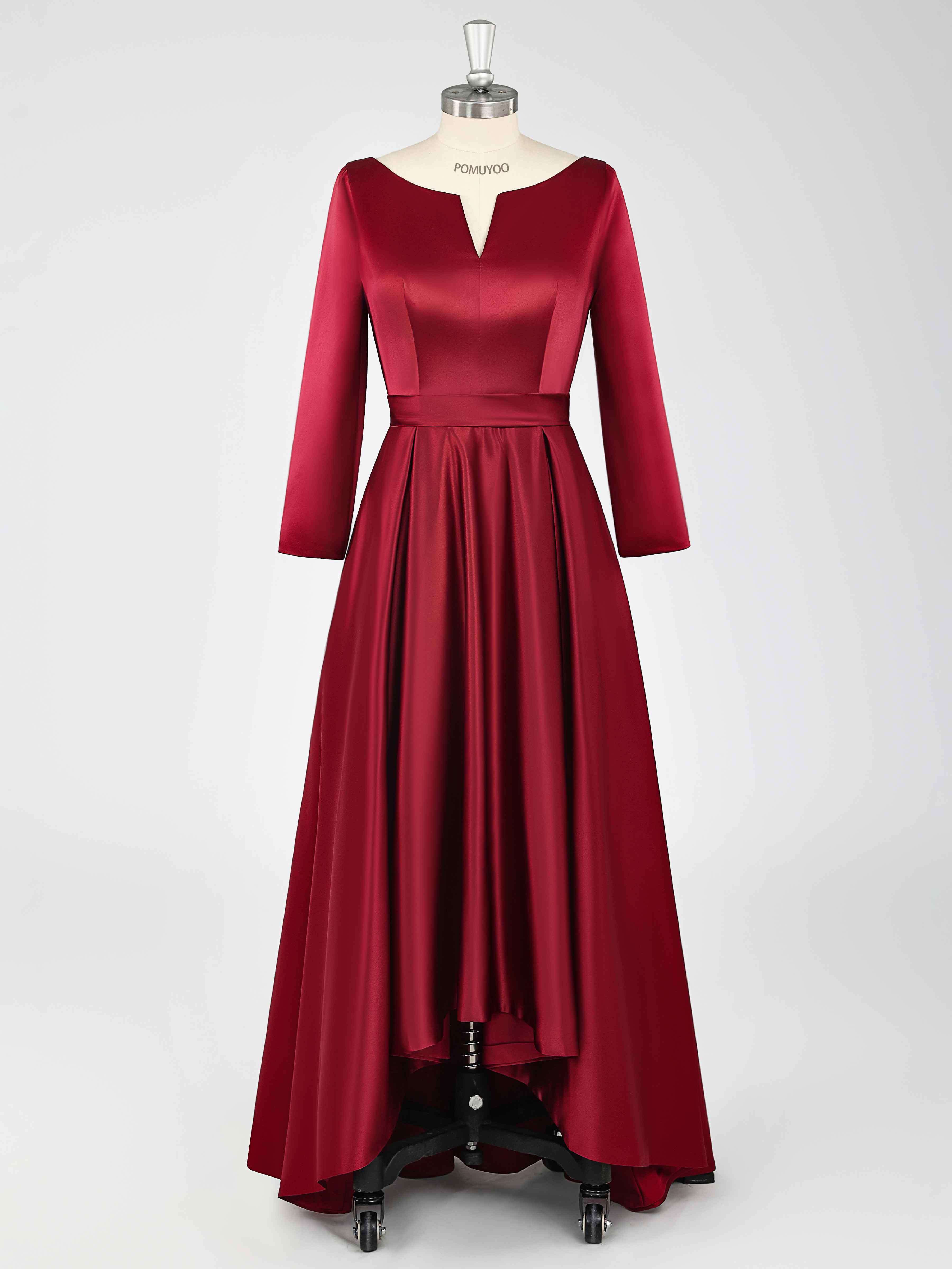 Burgundy A-Line Long Sleeves High Low Satin Mother Of The Bride/Groom Dresses UK