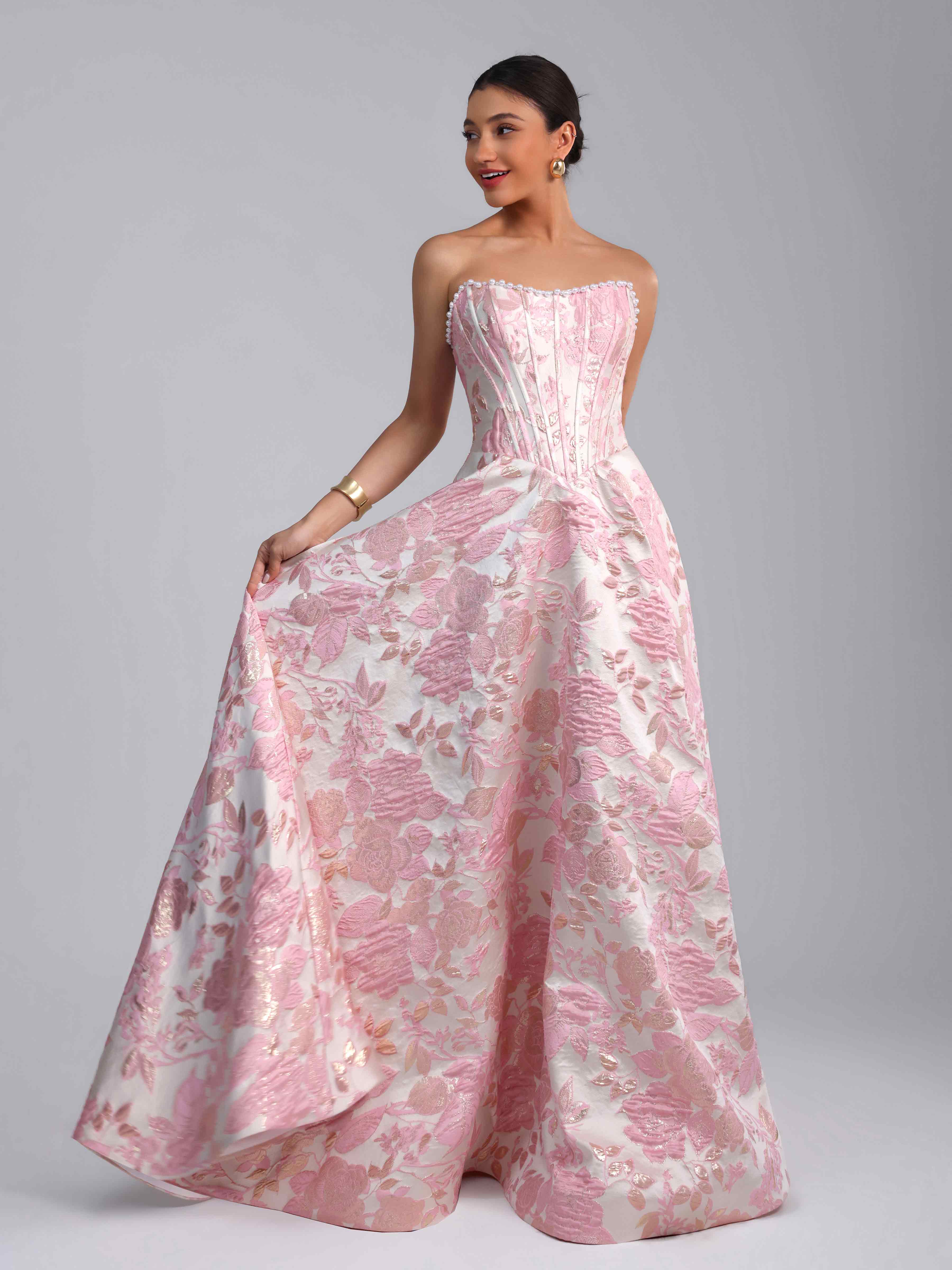 Caelith Sparkling A-Line Strapless Jacquard Satin Long Prom Dresses With Knot