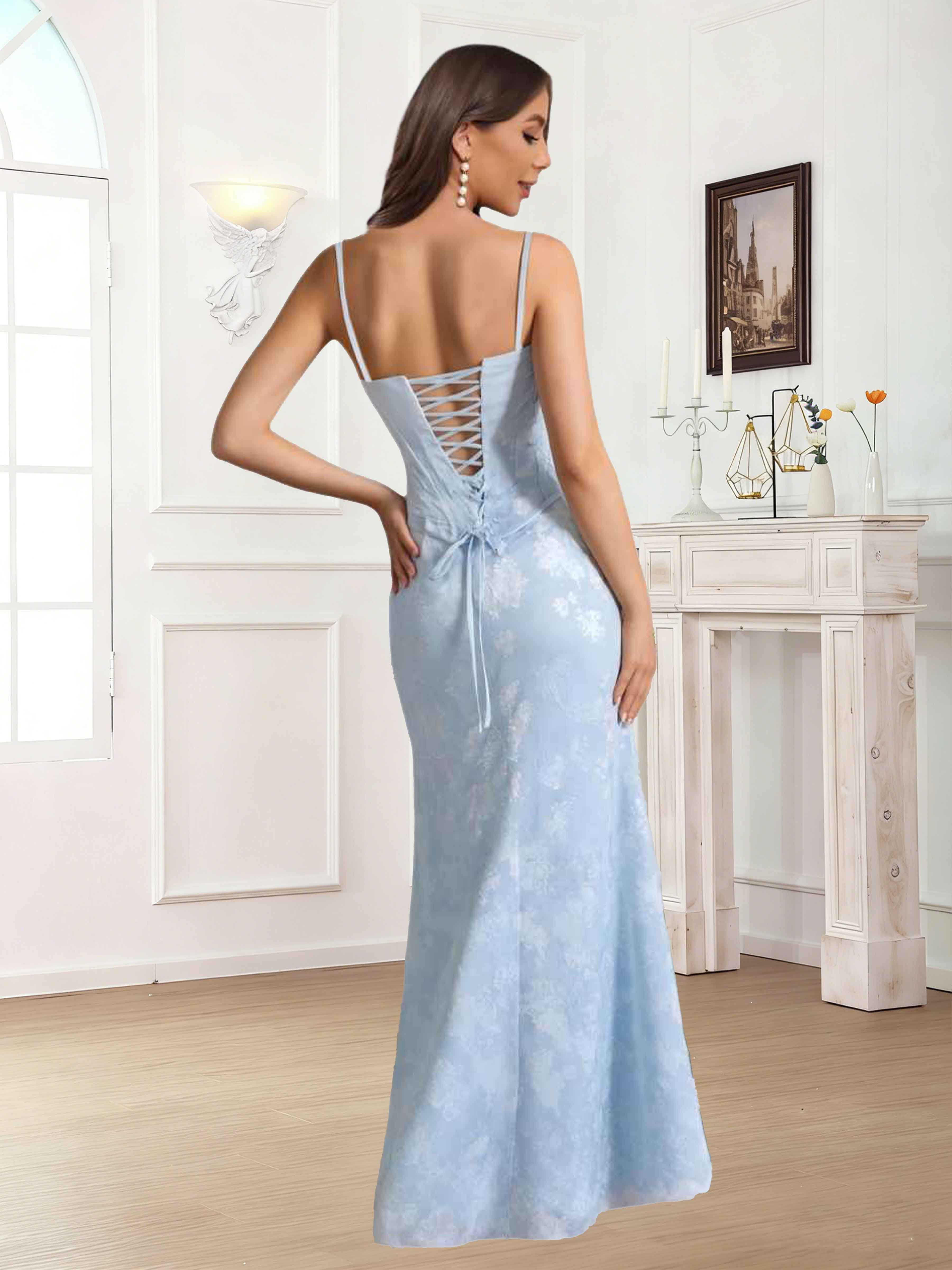 Caelithra Enchanting Spaghetti Straps Corset Jacquard Satin Long Bridesmaid Dresses