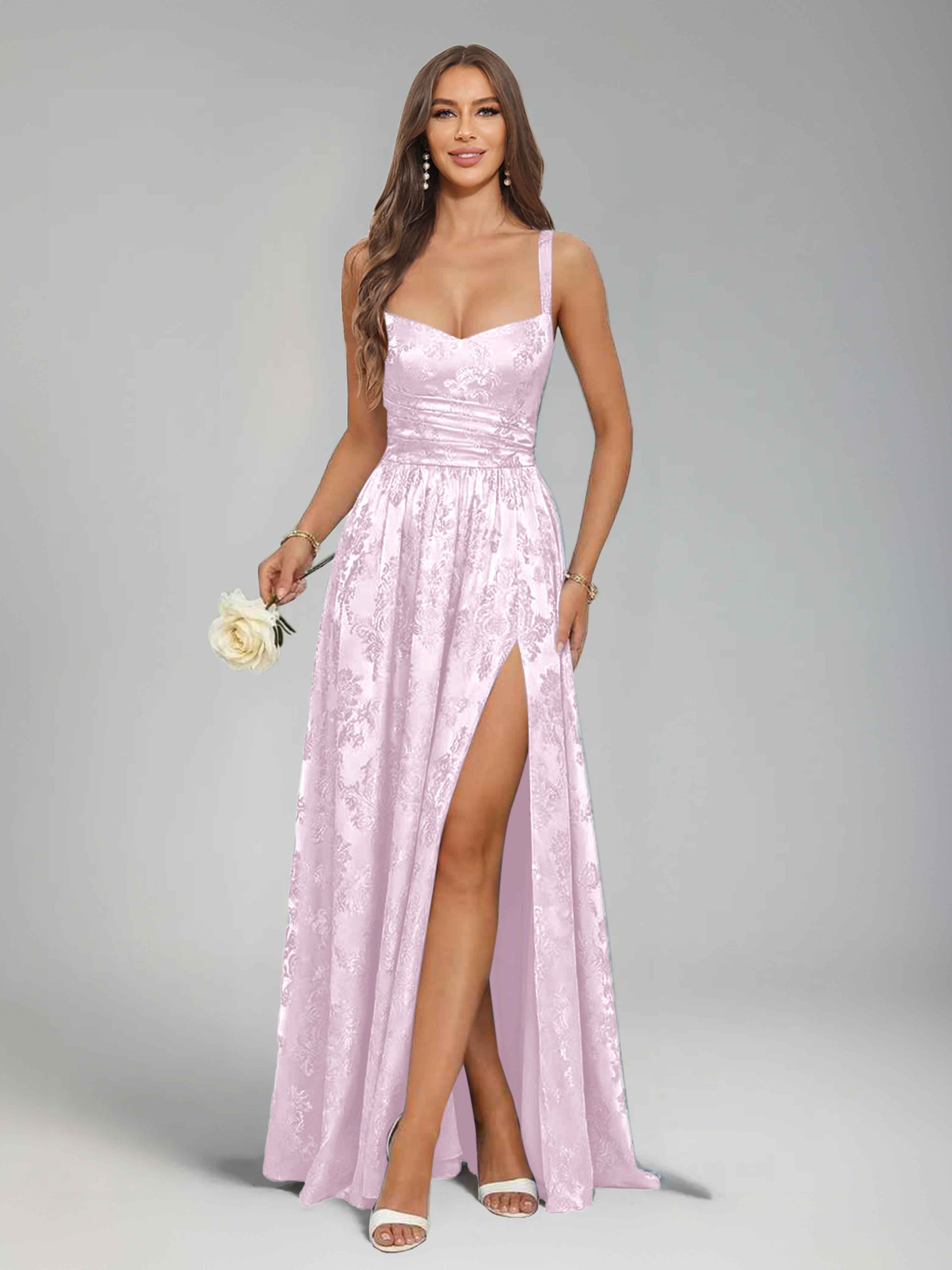 Jaelindra Glamorous A-Line Spaghetti Straps Ruched Slit Long Jacquard Party Dresses