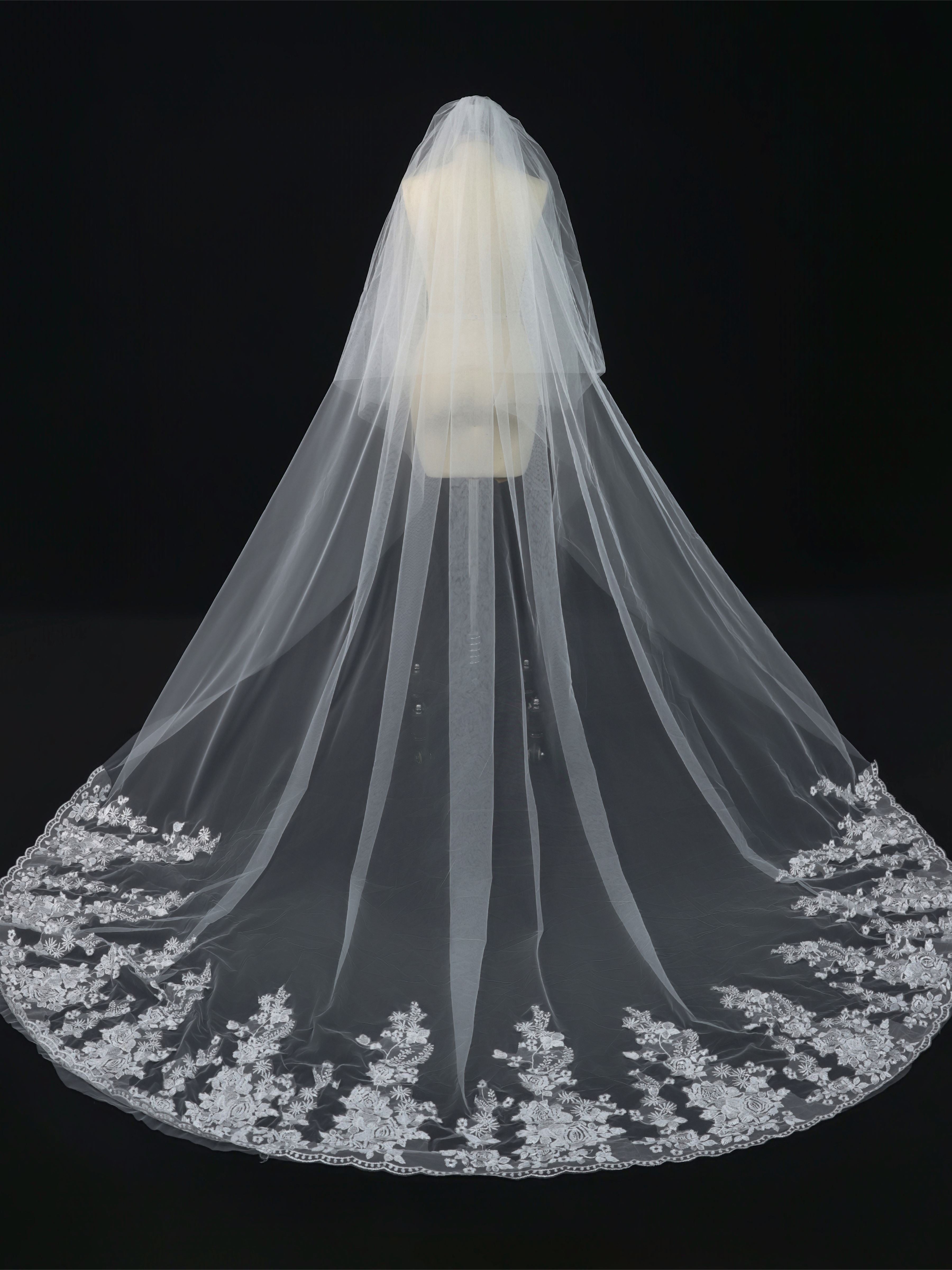 Cathedral Wedding Veil with Floral Lace Edge