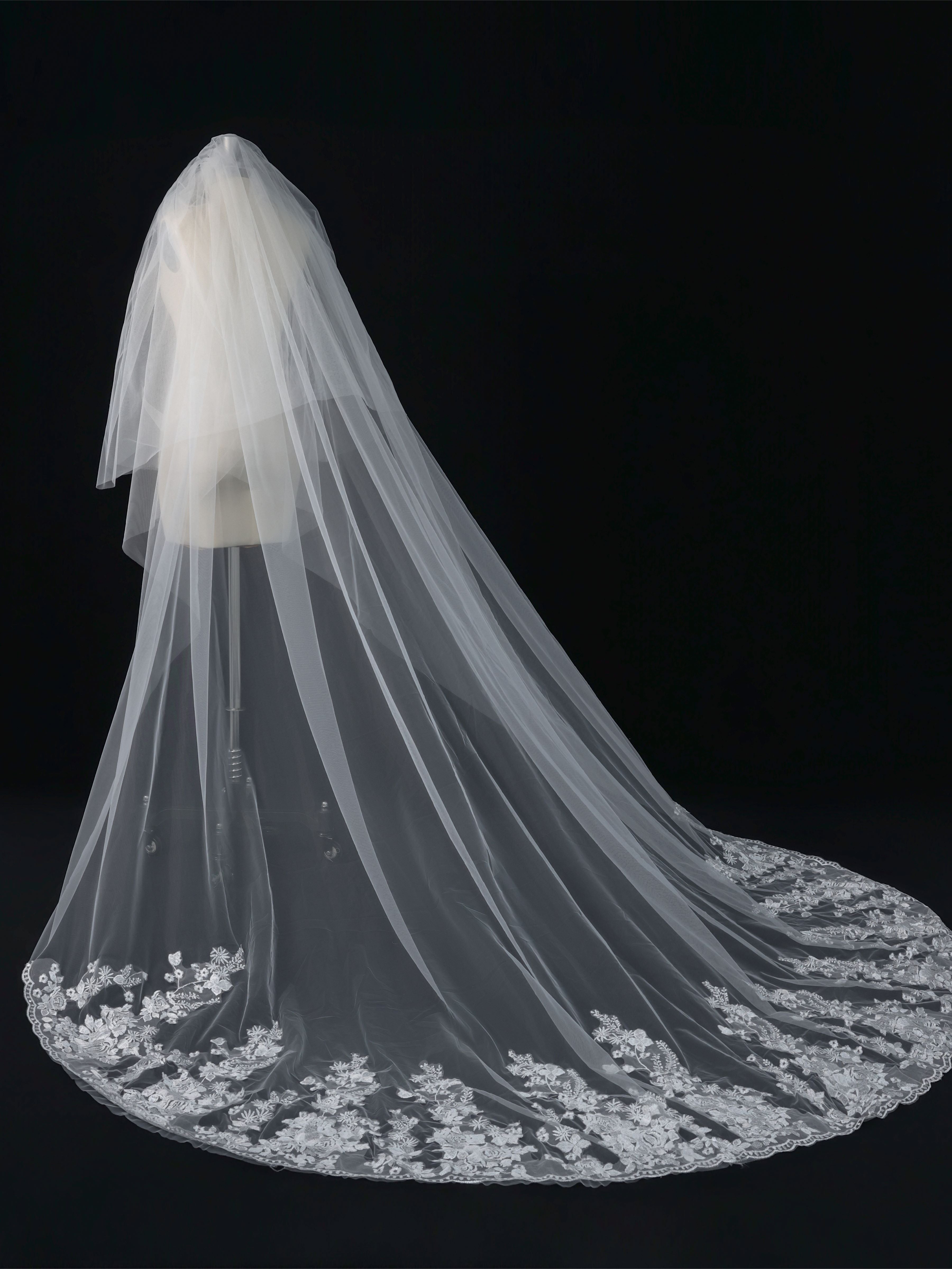 Cathedral Wedding Veil with Floral Lace Edge