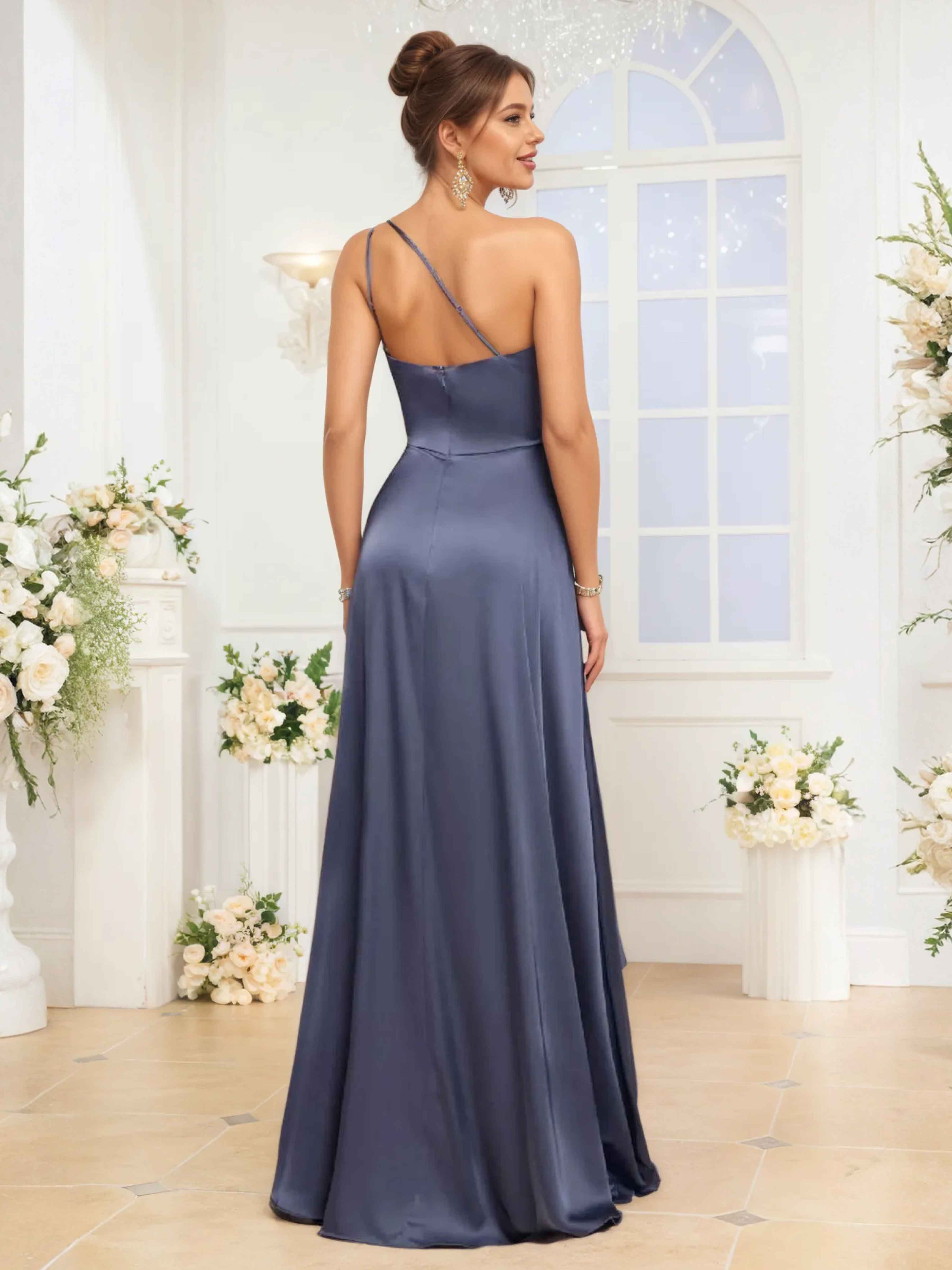 Celandine Timeless One Shoulder Slit Long Satin Bridesmaid Dresses
