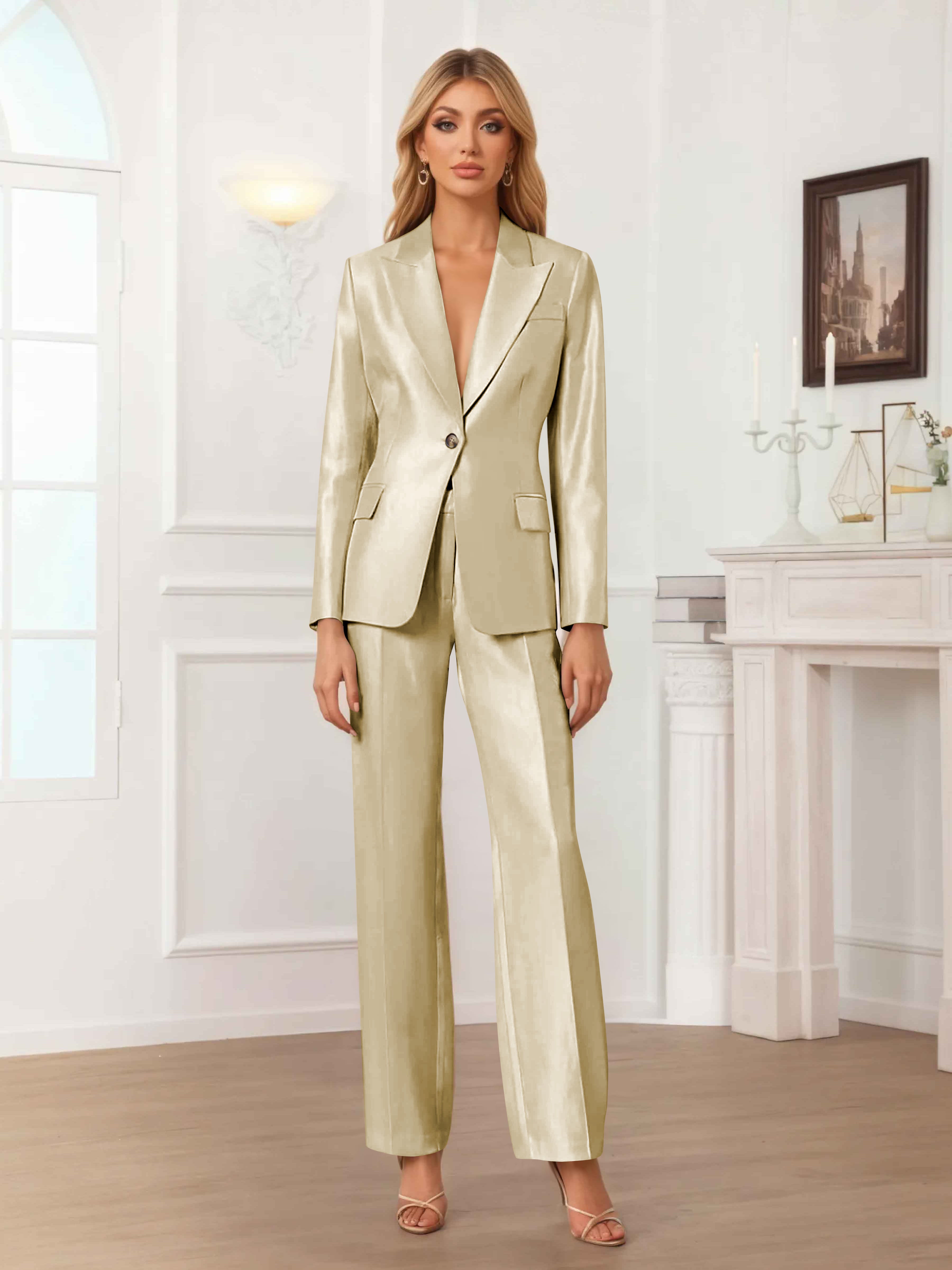 Women's 2 Pieces Peak Lapel One-Button Satin Formal Suit Set UK