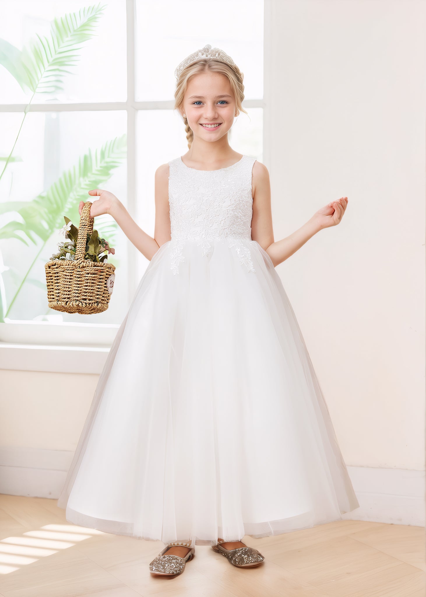 Charming A-Line Sleeveless Lace Appliques Tulle Flower Girl Dresses