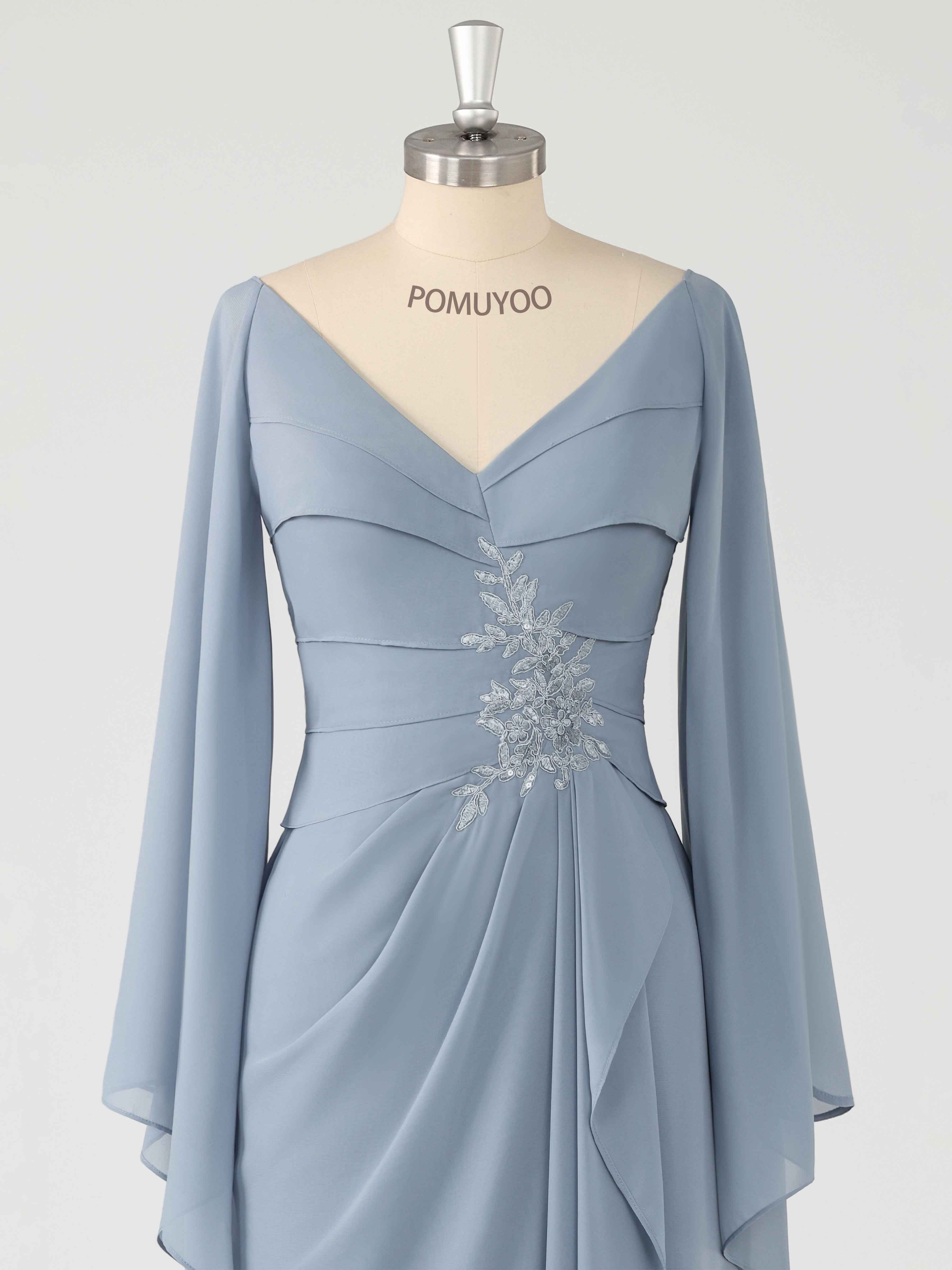 Charming V Neck Split Sleeves Appliques Long Chiffon Mother of the Bride Dresses UK