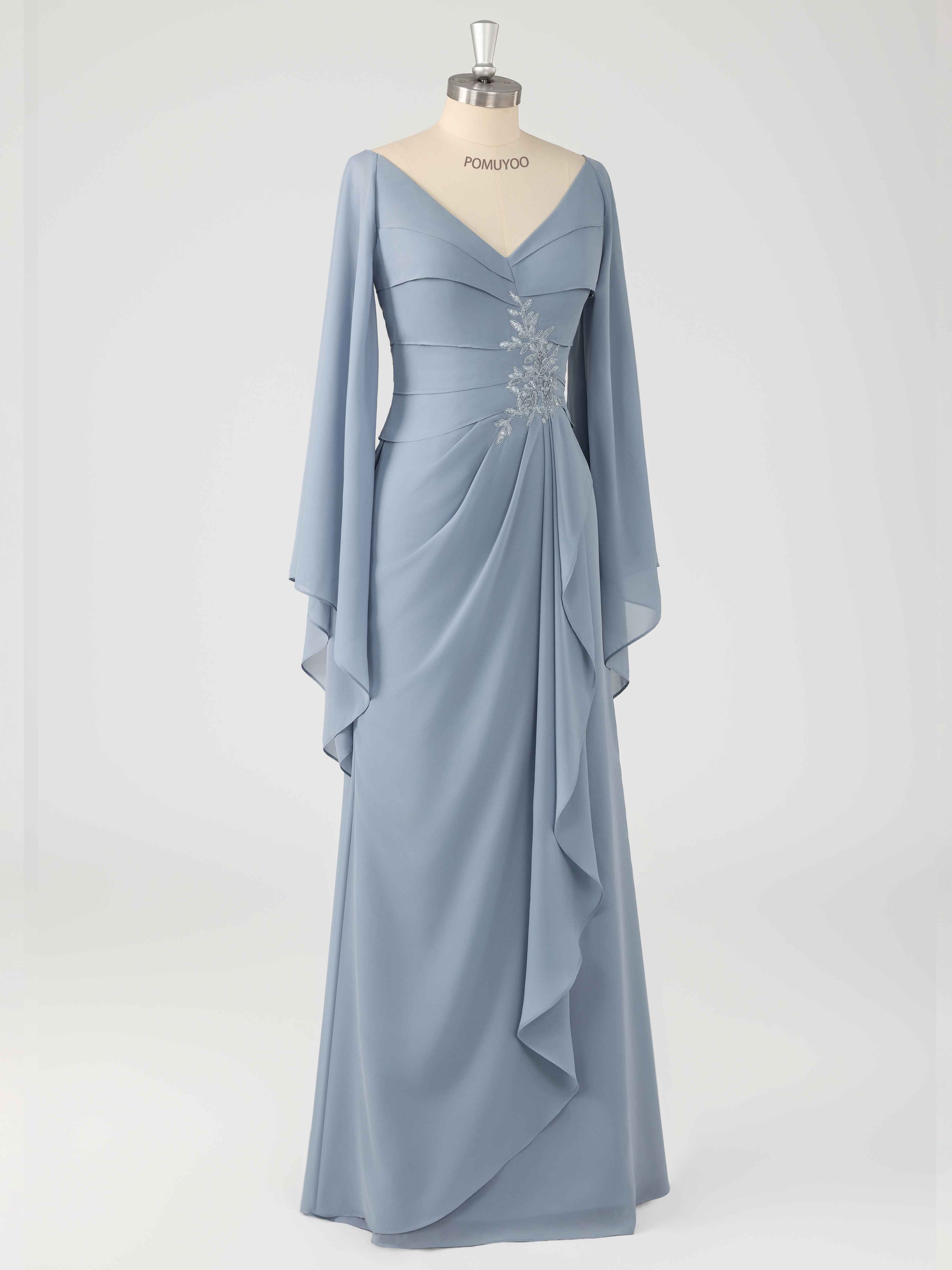Charming V Neck Split Sleeves Appliques Long Chiffon Mother of the Bride Dresses UK