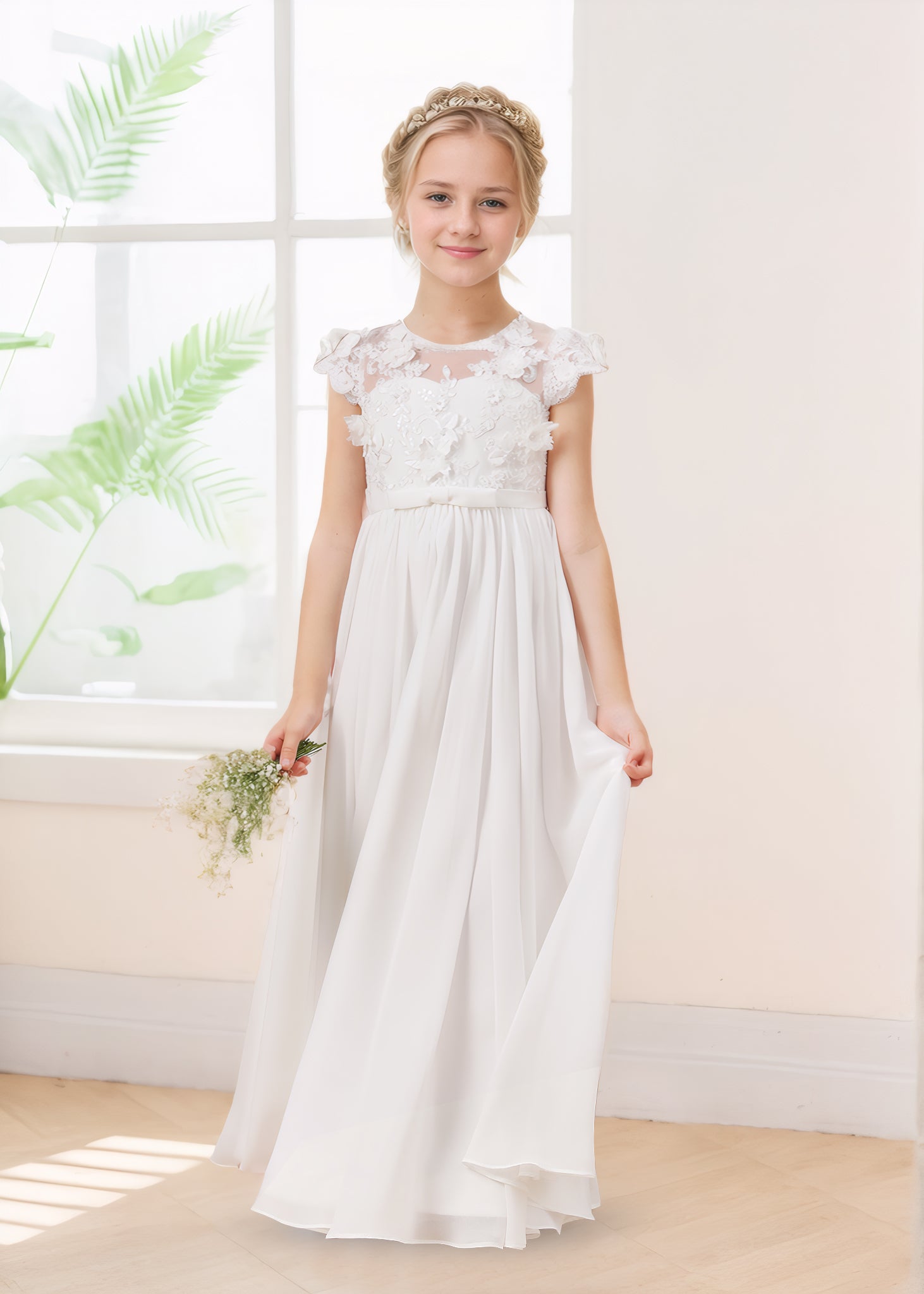 Chic Scoop Appliques Cap Sleeves Long Chiffon Flower Girl Dresses