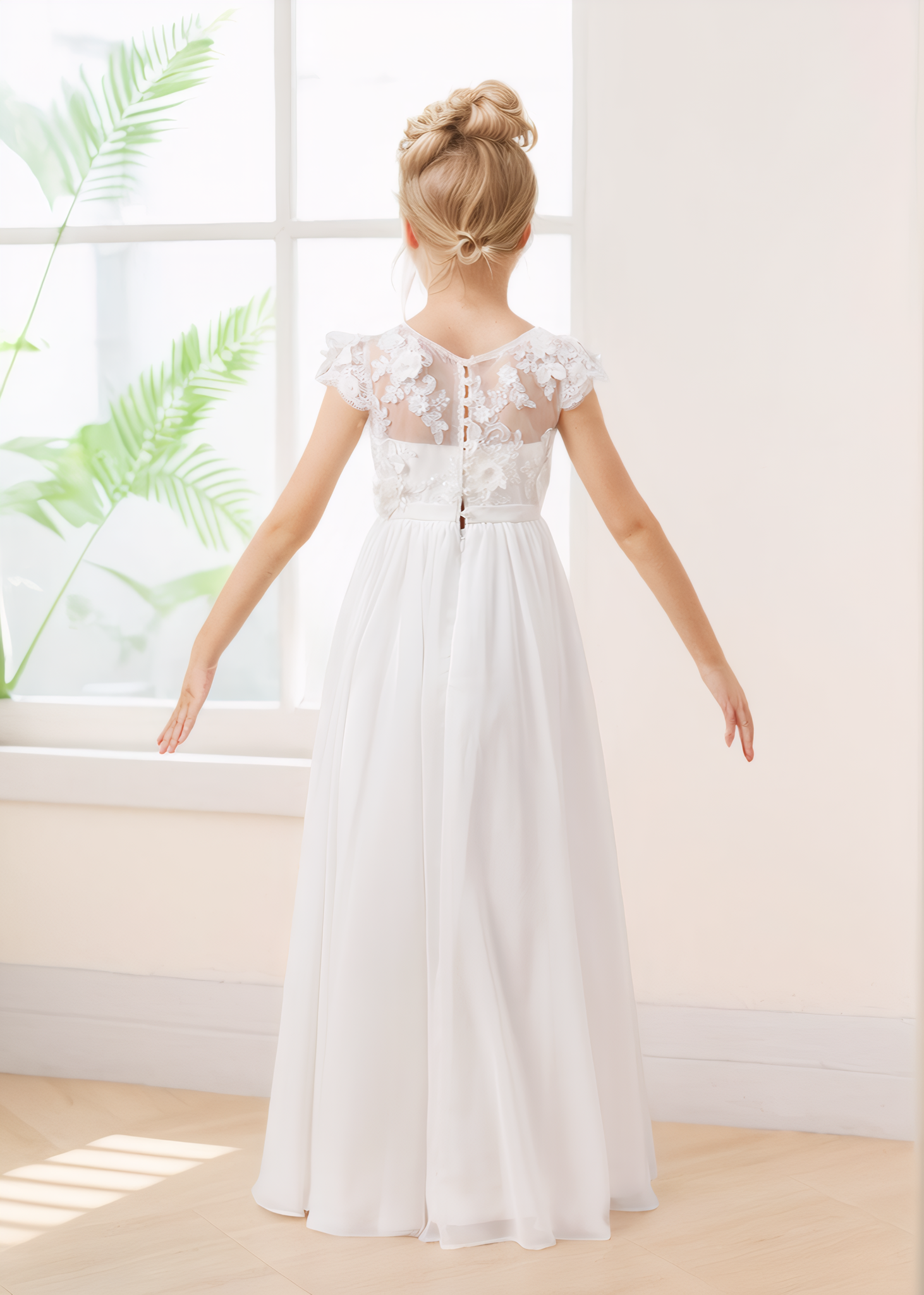 Chic Scoop Appliques Cap Sleeves Long Chiffon Flower Girl Dresses