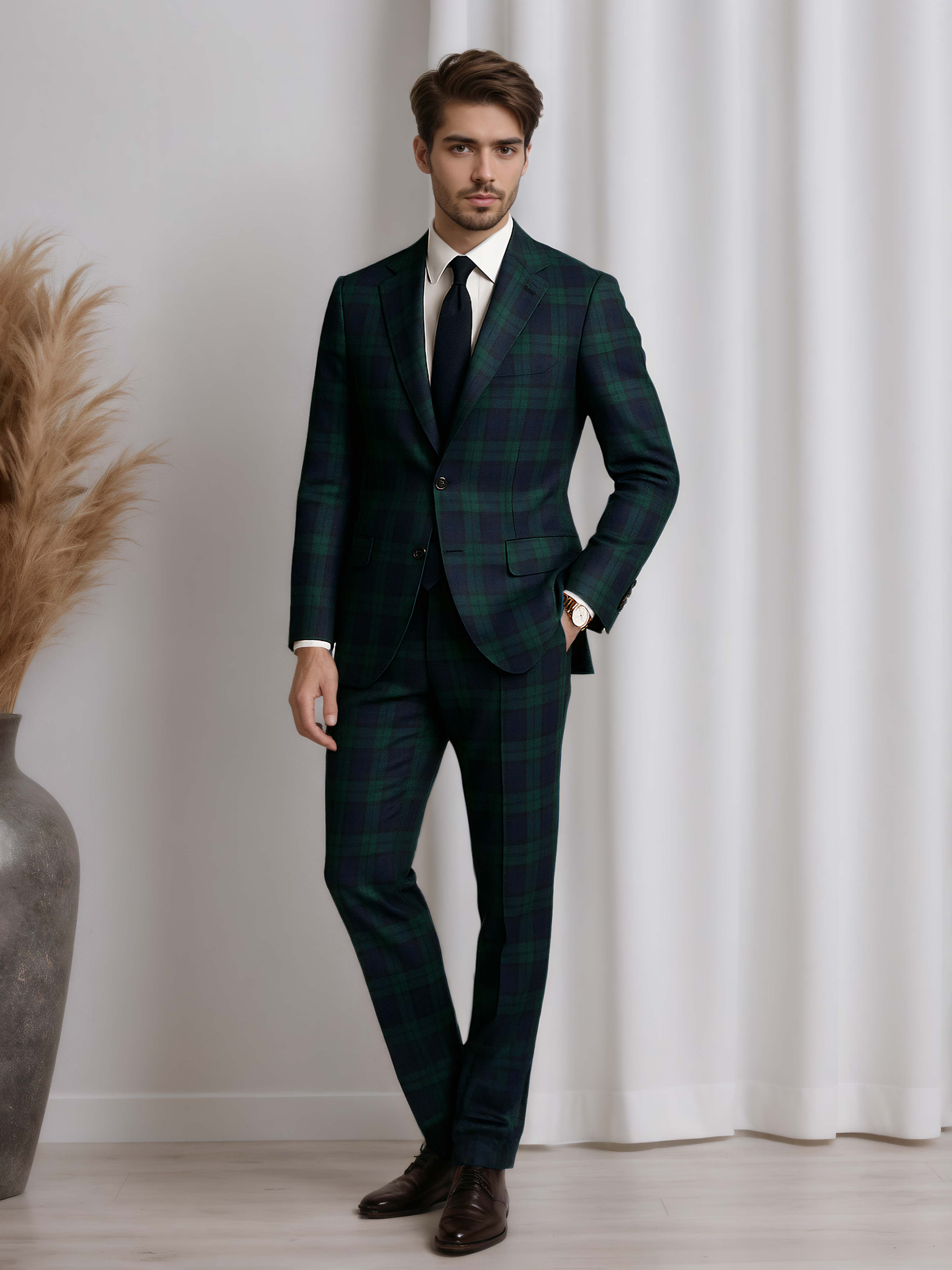 Contemporary Blue Green Check 3 Pieces Suit with Notch Lapel for Occasions