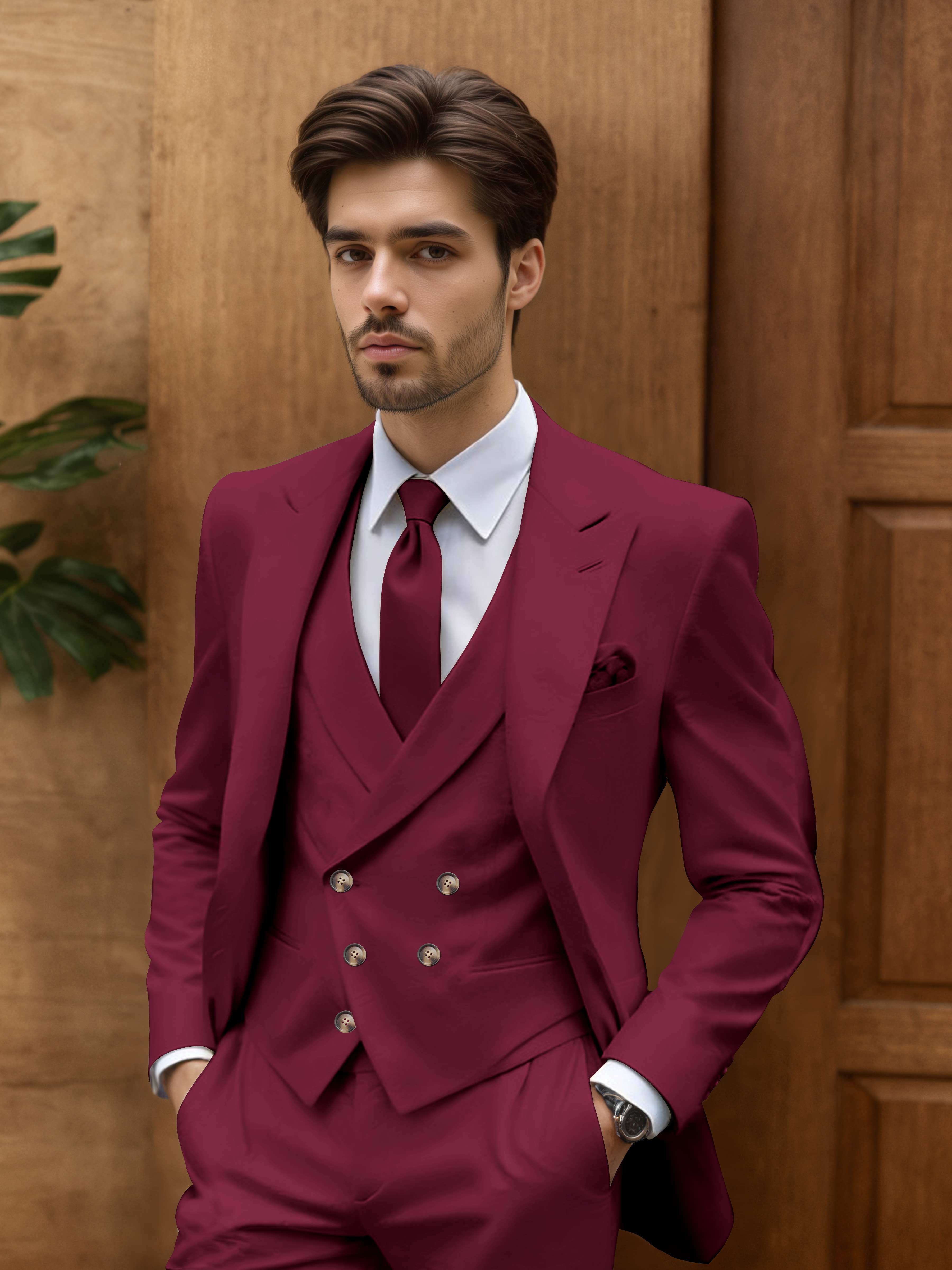 Contemporary Slim Cut Men's 3 Pieces Outdoor Wedding Suits