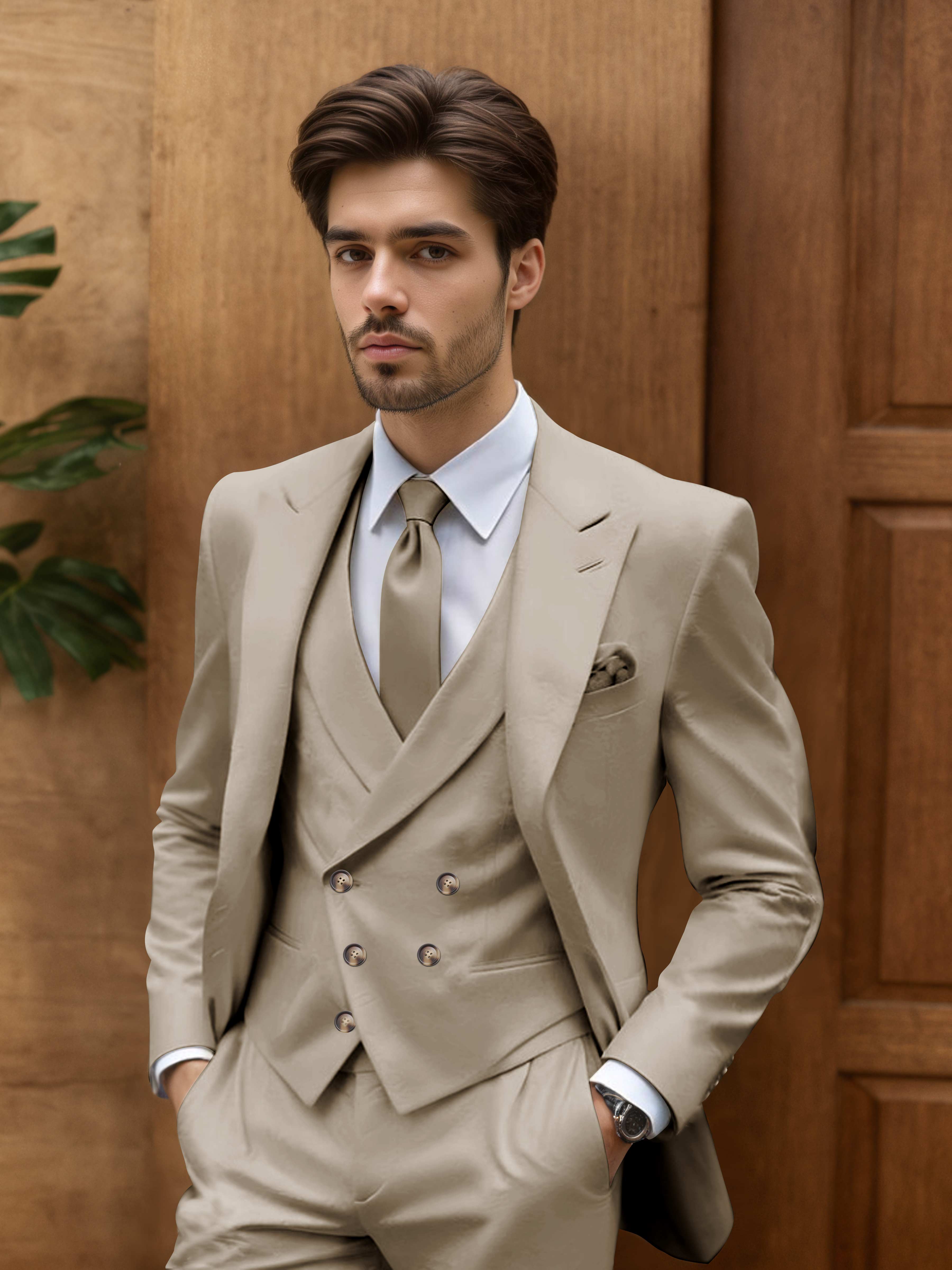 Contemporary Slim Cut Men's 3 Pieces Outdoor Wedding Suits